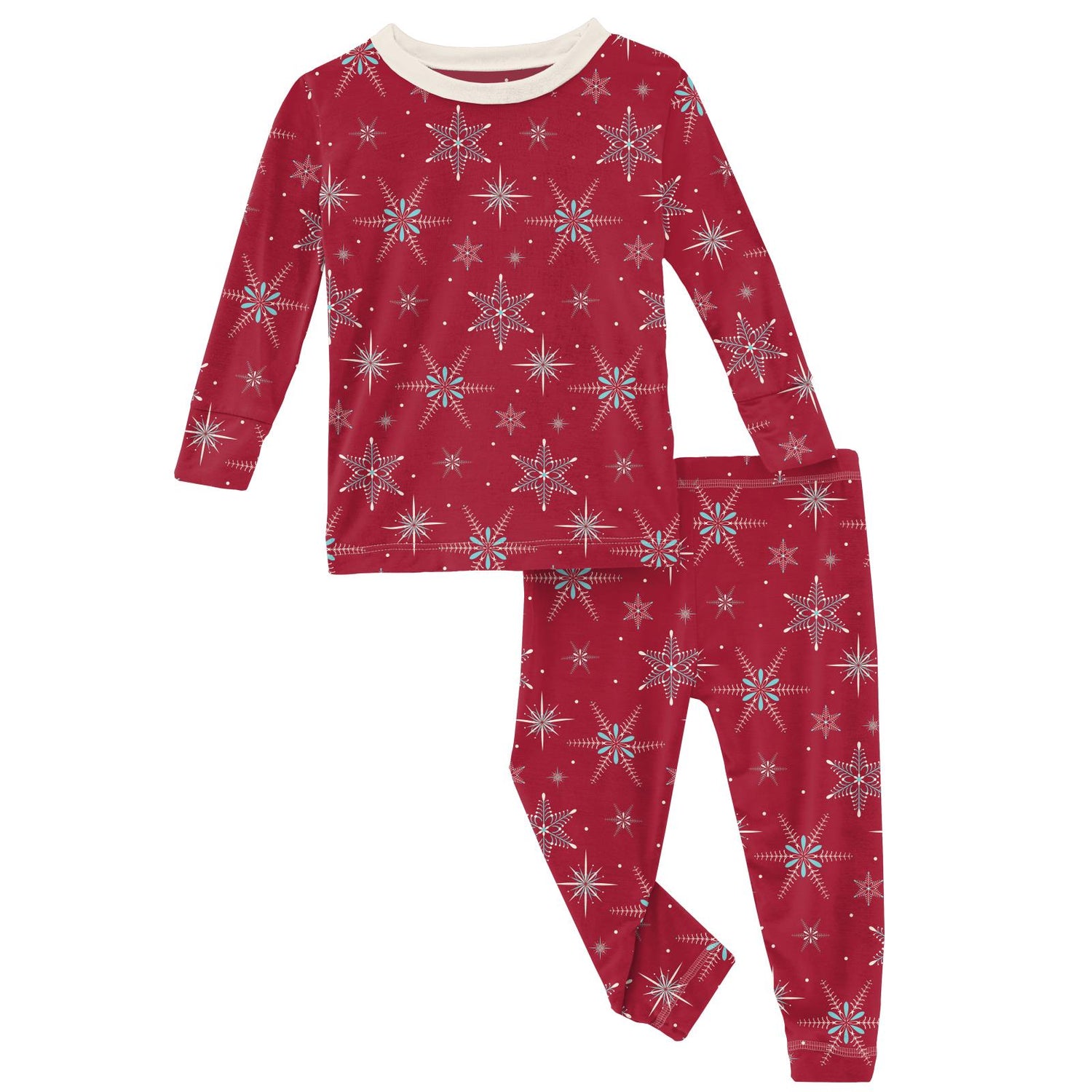 Print Long Sleeve Pajama Set in Crimson Snowflakes