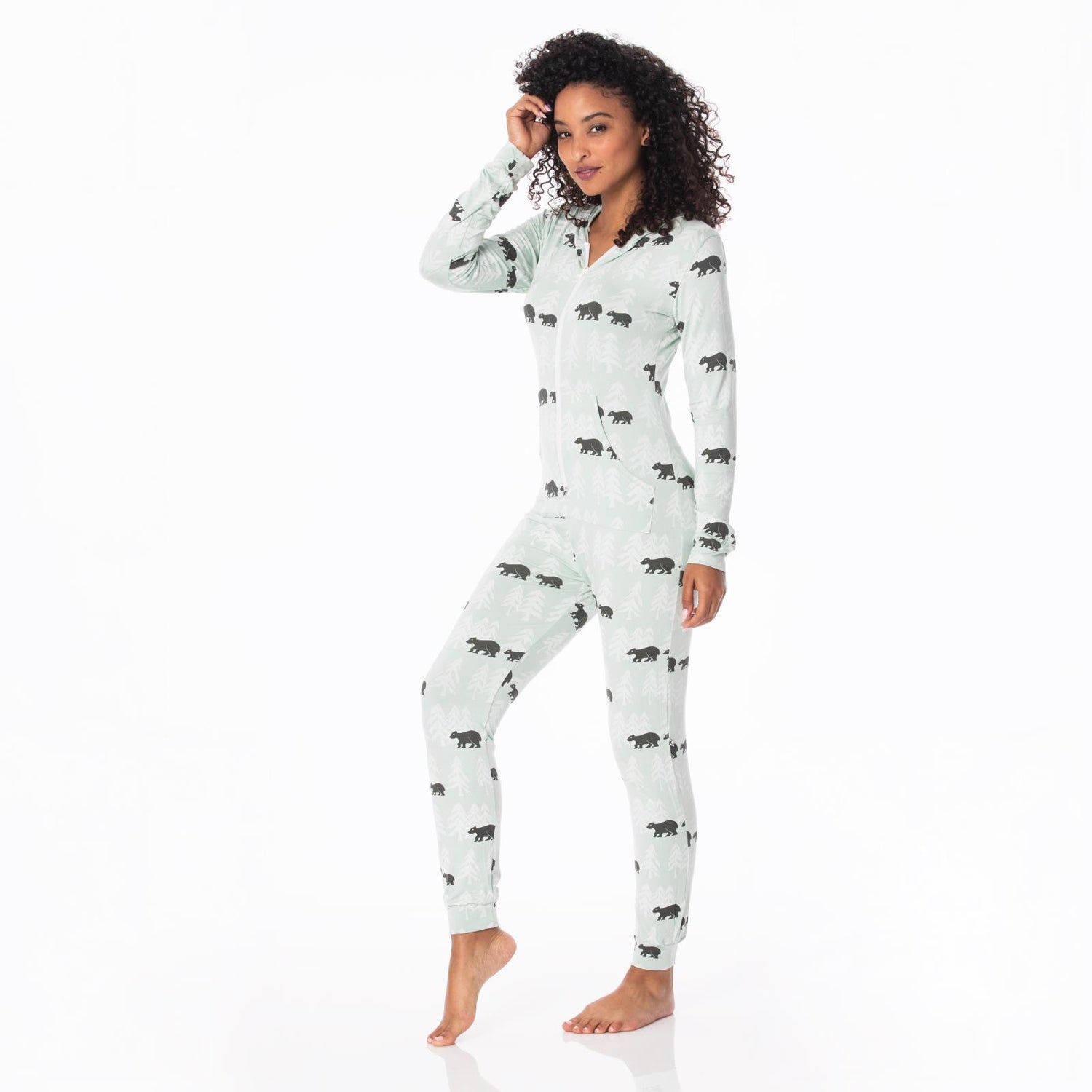 Women's Print Long Sleeve Jumpsuit with Hood in Aloe Bears and Trees