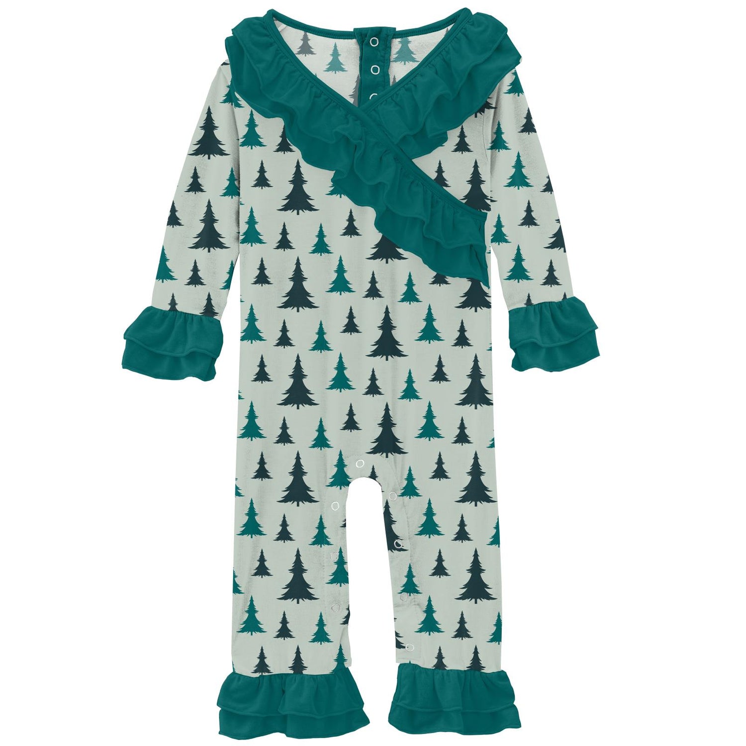 Print Long Sleeve Kimono Double Ruffle Romper in Aloe Christmas Trees