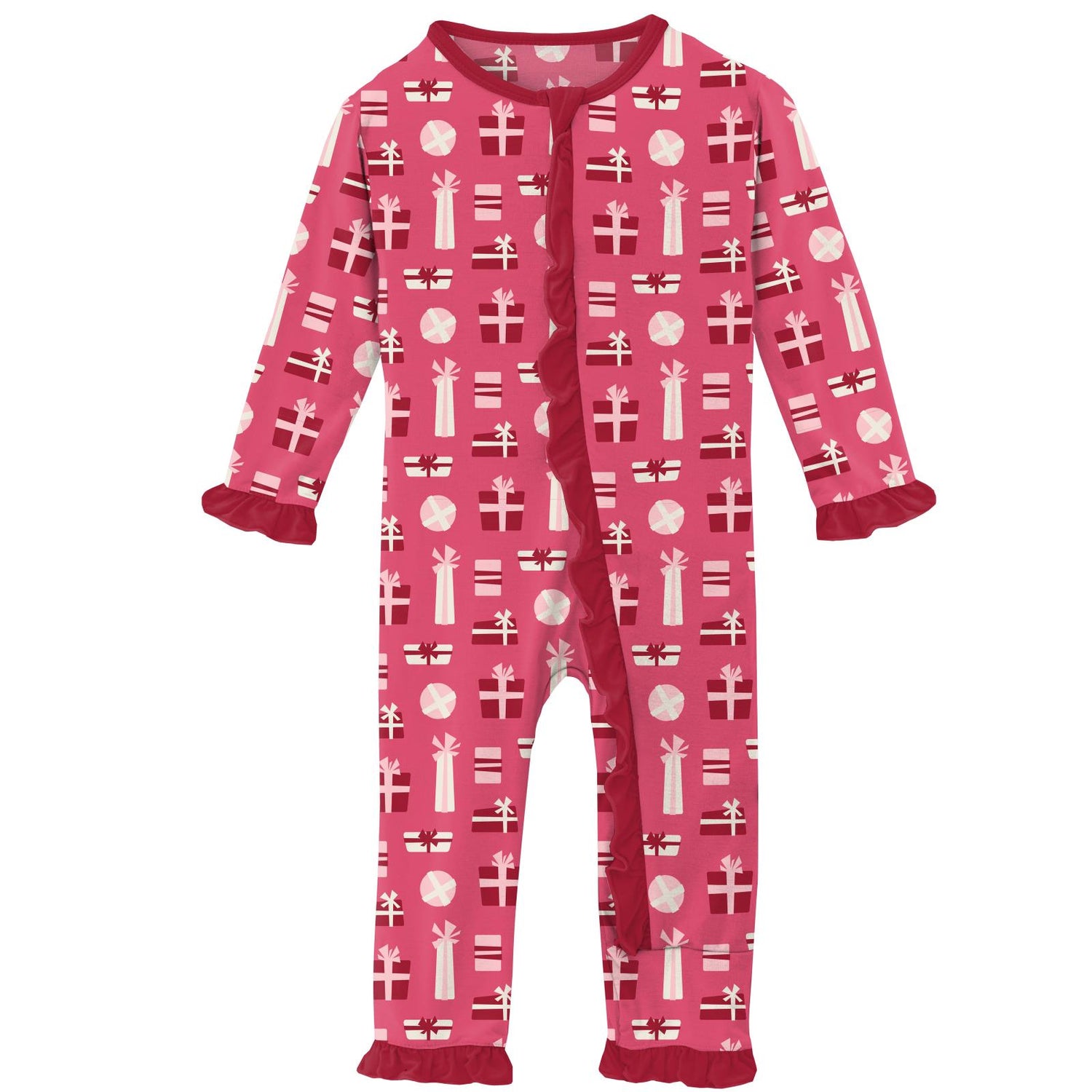 Print Classic Ruffle Coverall with Zipper in Winter Rose Presents