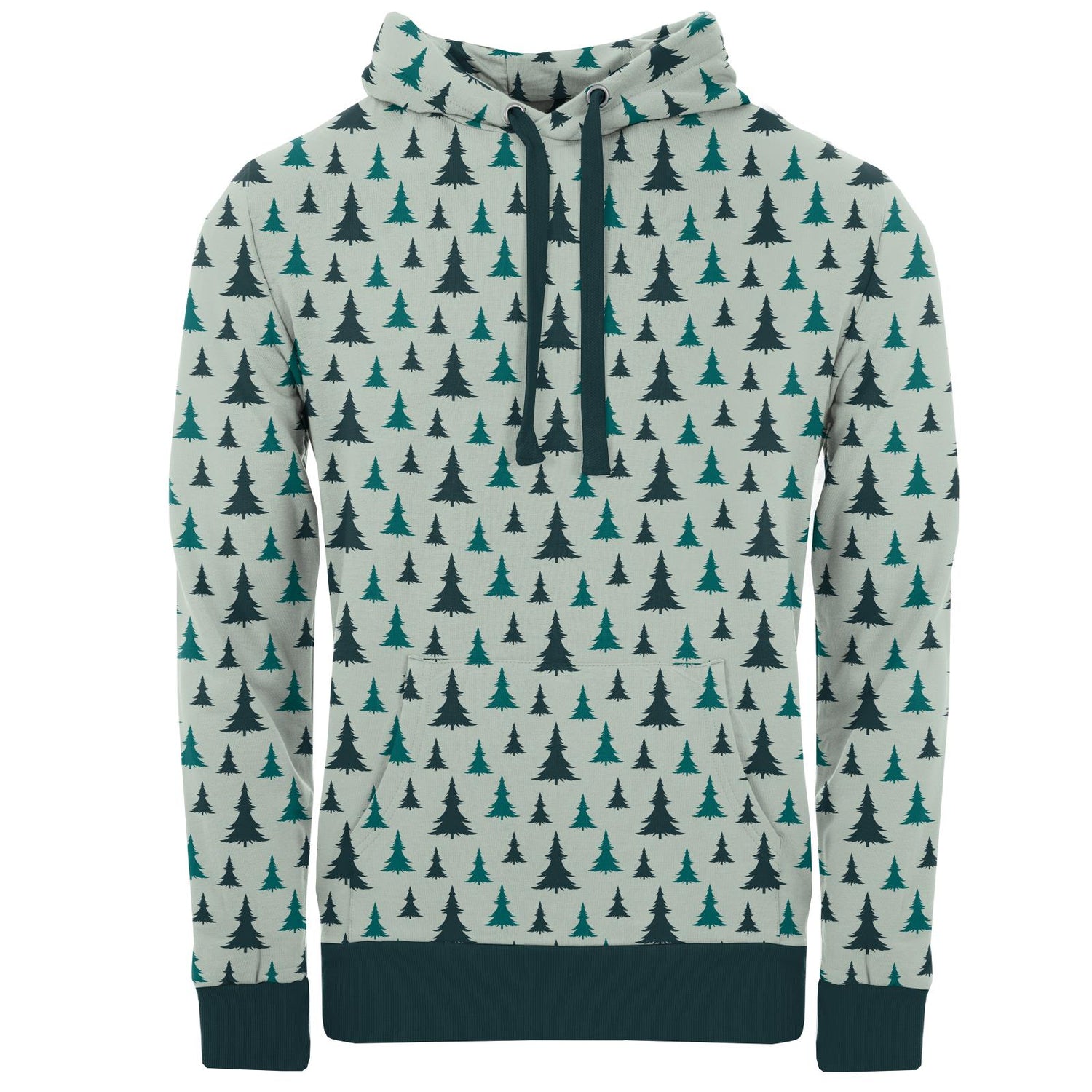 Men's Print Fleece Kangaroo Pocket Pullover in Aloe Christmas Trees