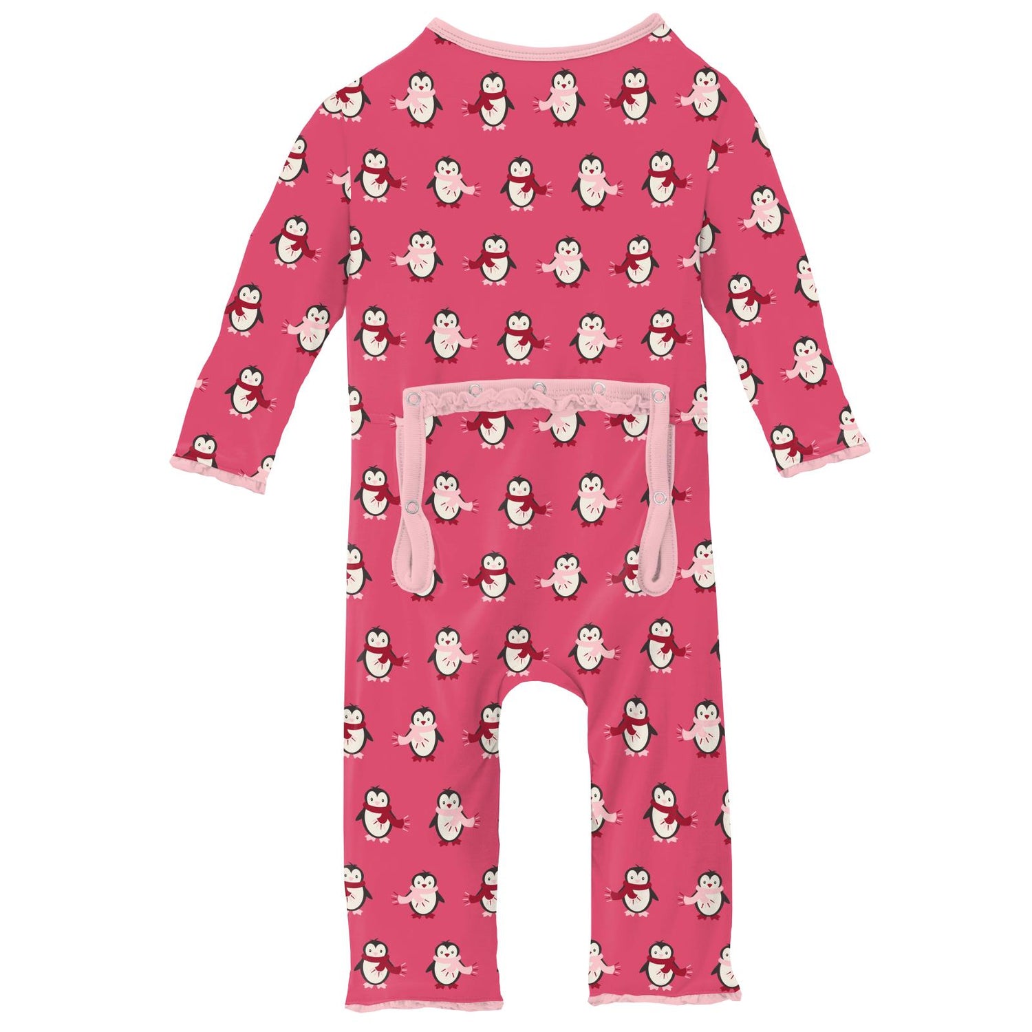 Print Muffin Ruffle Coverall with Zipper in Winter Rose Penguins