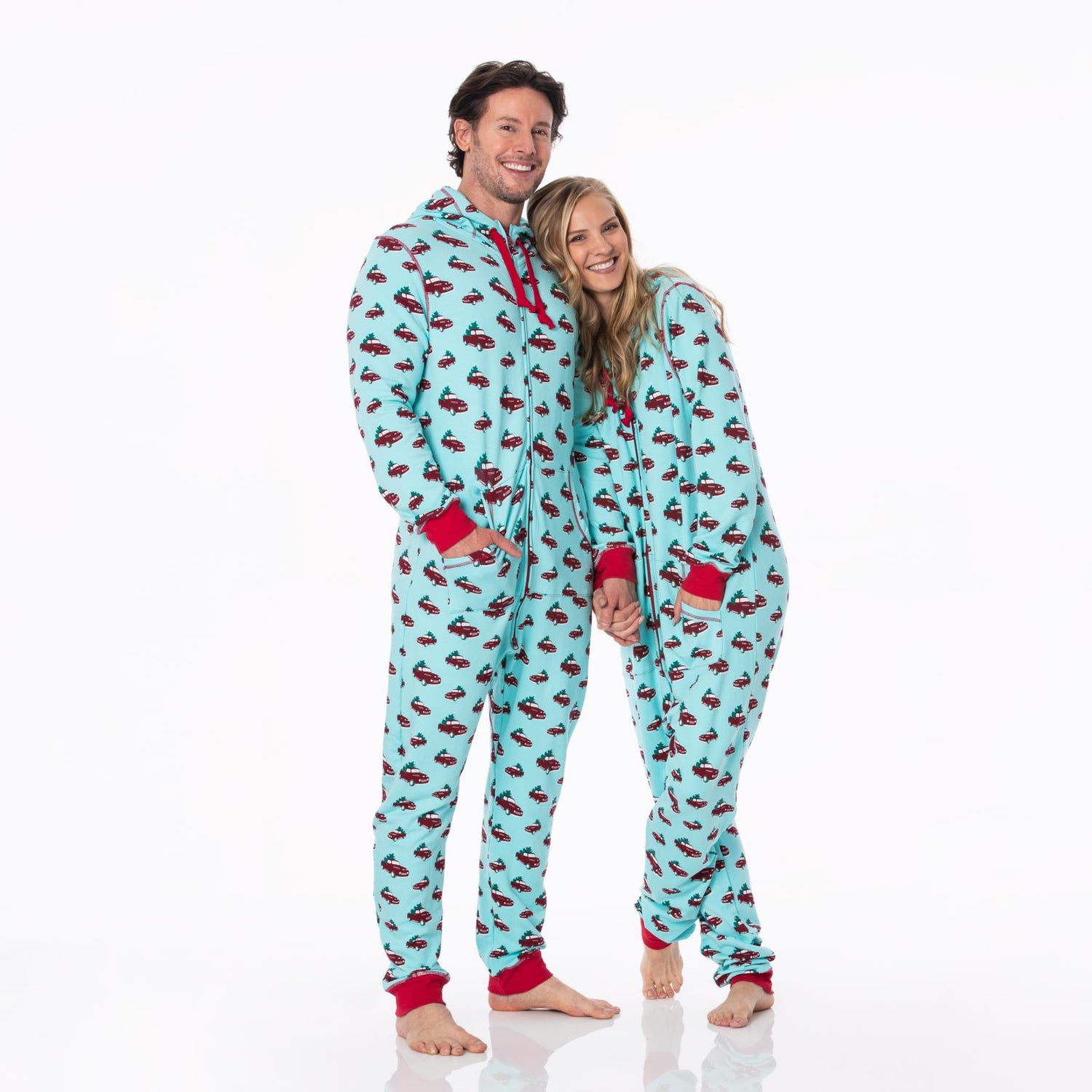 Print Adult Fleece Jumpsuit with Hood in Iceberg Trucks and Trees