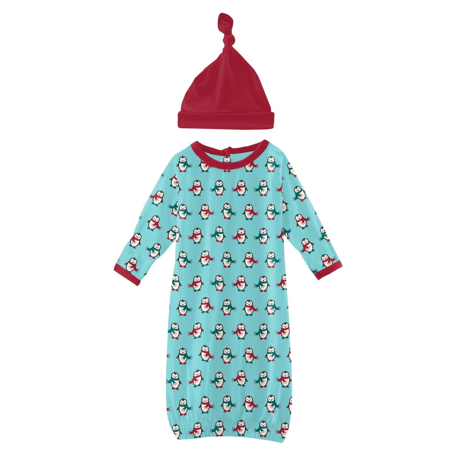 Print Layette Gown & Single Knot Hat Set in Iceberg Penguins