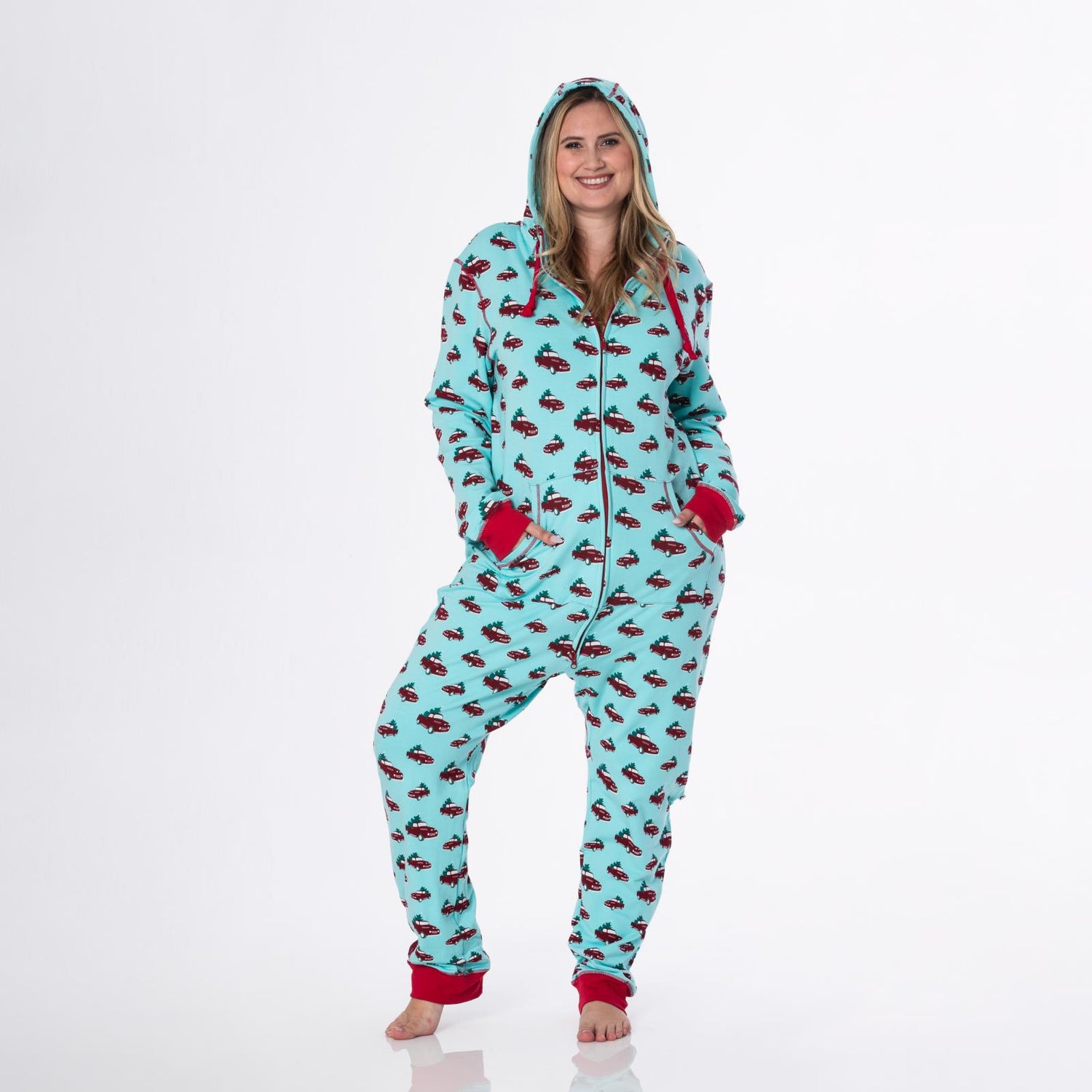 Print Adult Fleece Jumpsuit with Hood in Iceberg Trucks and Trees