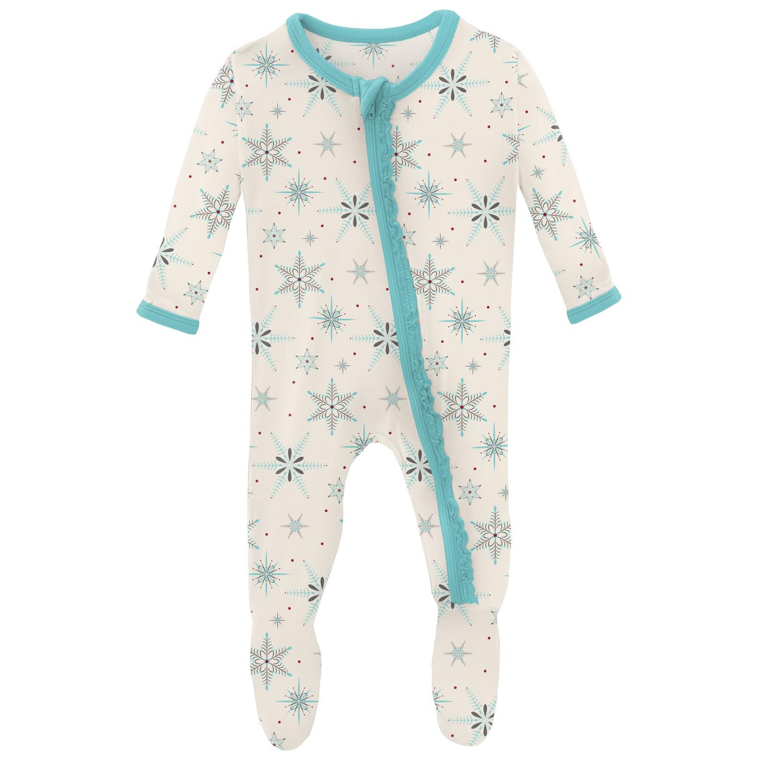 Print Muffin Ruffle Footie with Zipper in Natural Snowflakes