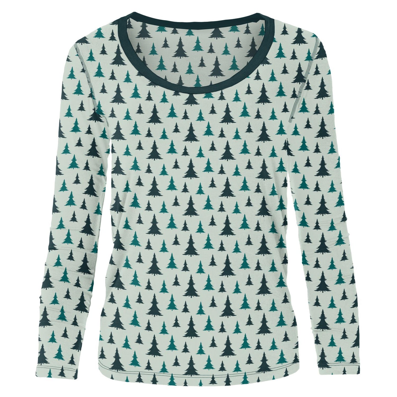 Women's Print Long Sleeve Scoop Neck Tee in Aloe Christmas Trees