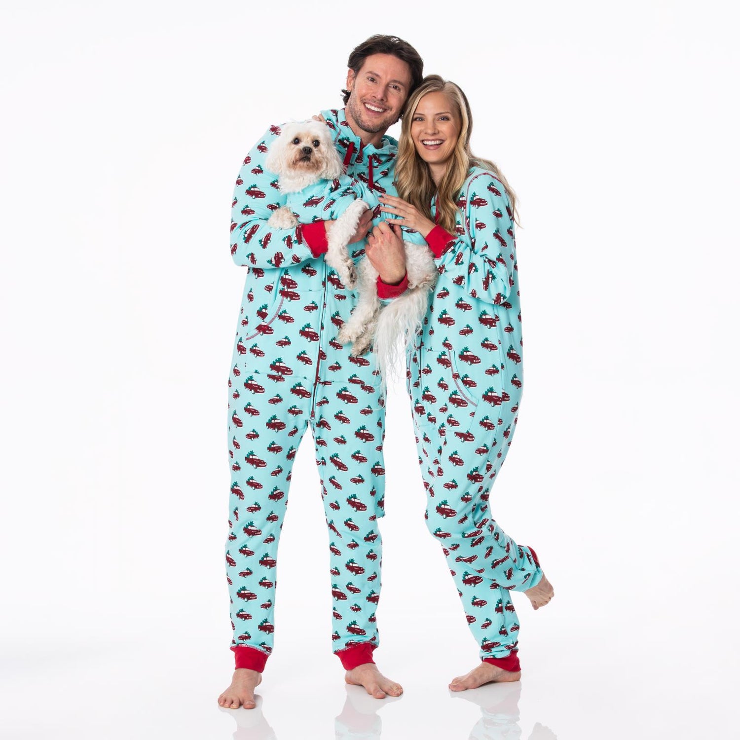 Print Adult Fleece Jumpsuit with Hood in Iceberg Trucks and Trees