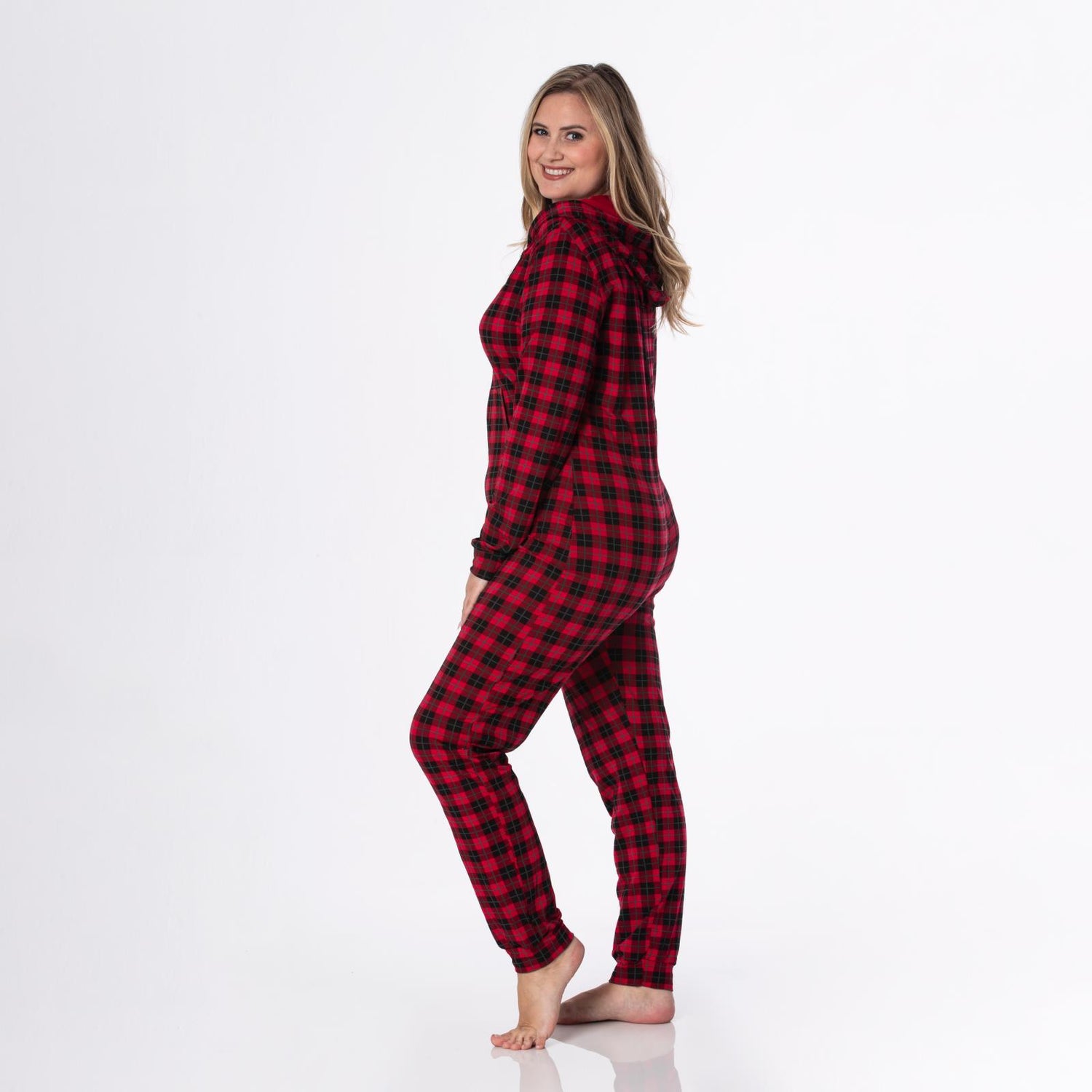 Women's Print Long Sleeve Jumpsuit with Hood in Anniversary Plaid