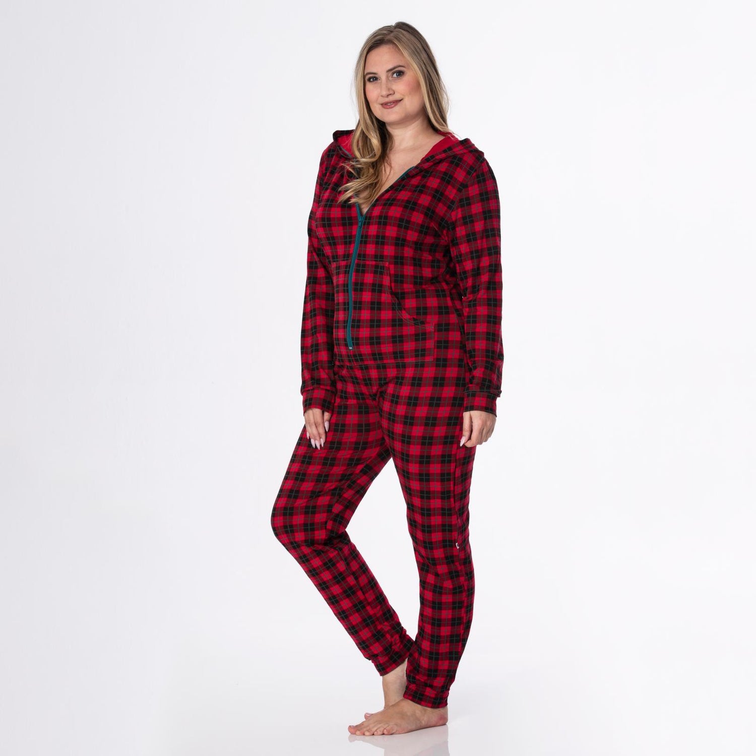 Women's Print Long Sleeve Jumpsuit with Hood in Anniversary Plaid