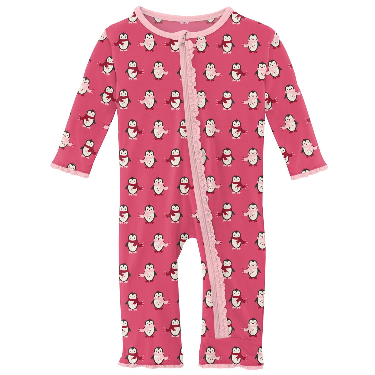 Print Muffin Ruffle Coverall with Zipper in Winter Rose Penguins