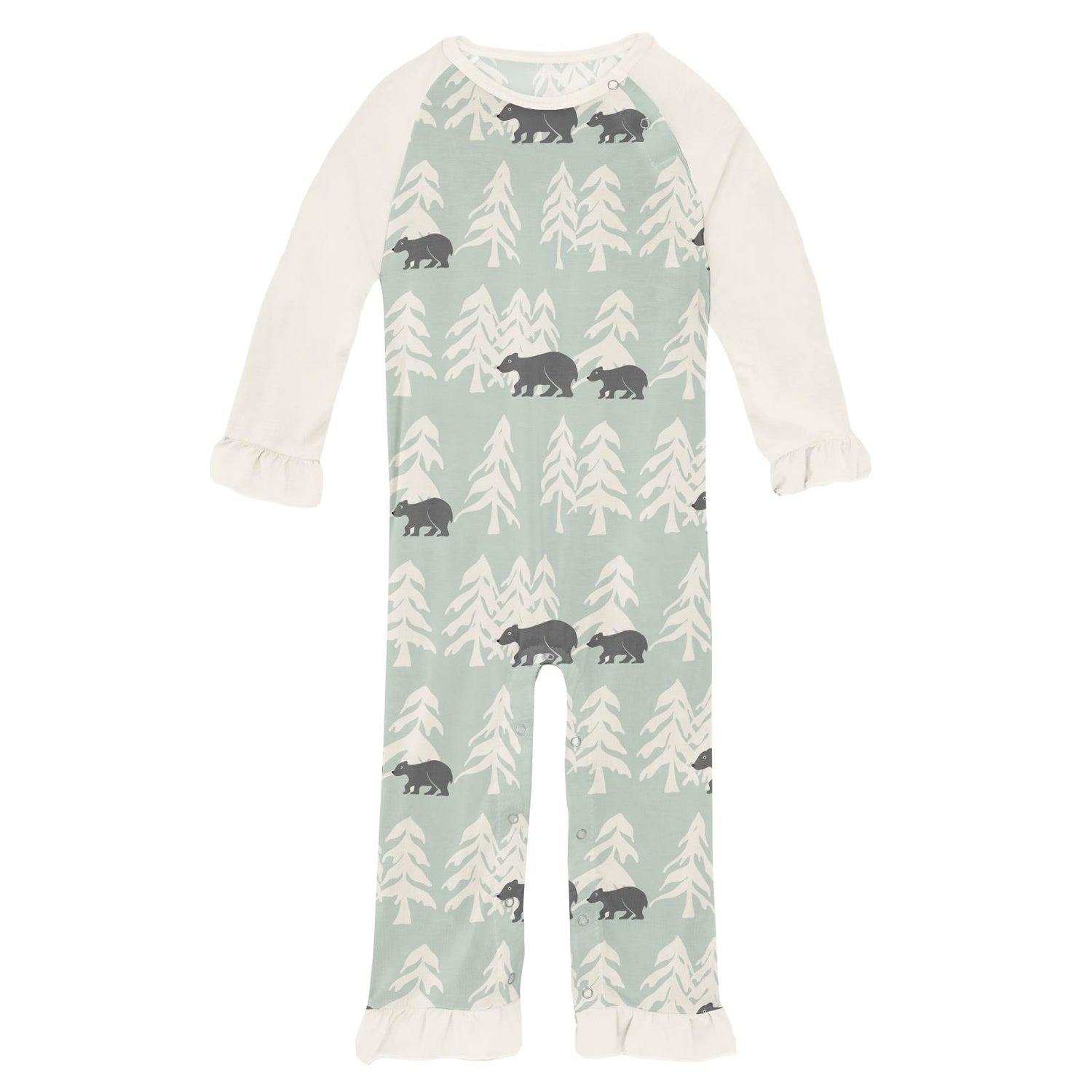 Print Ruffle Raglan Romper in Aloe Bears and Trees