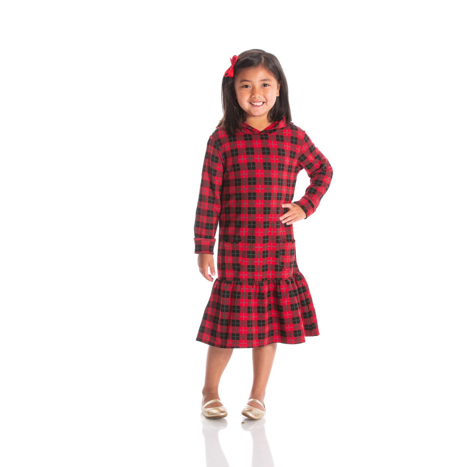 Print Long Sleeve Fleece Hoodie Dress in Anniversary Plaid