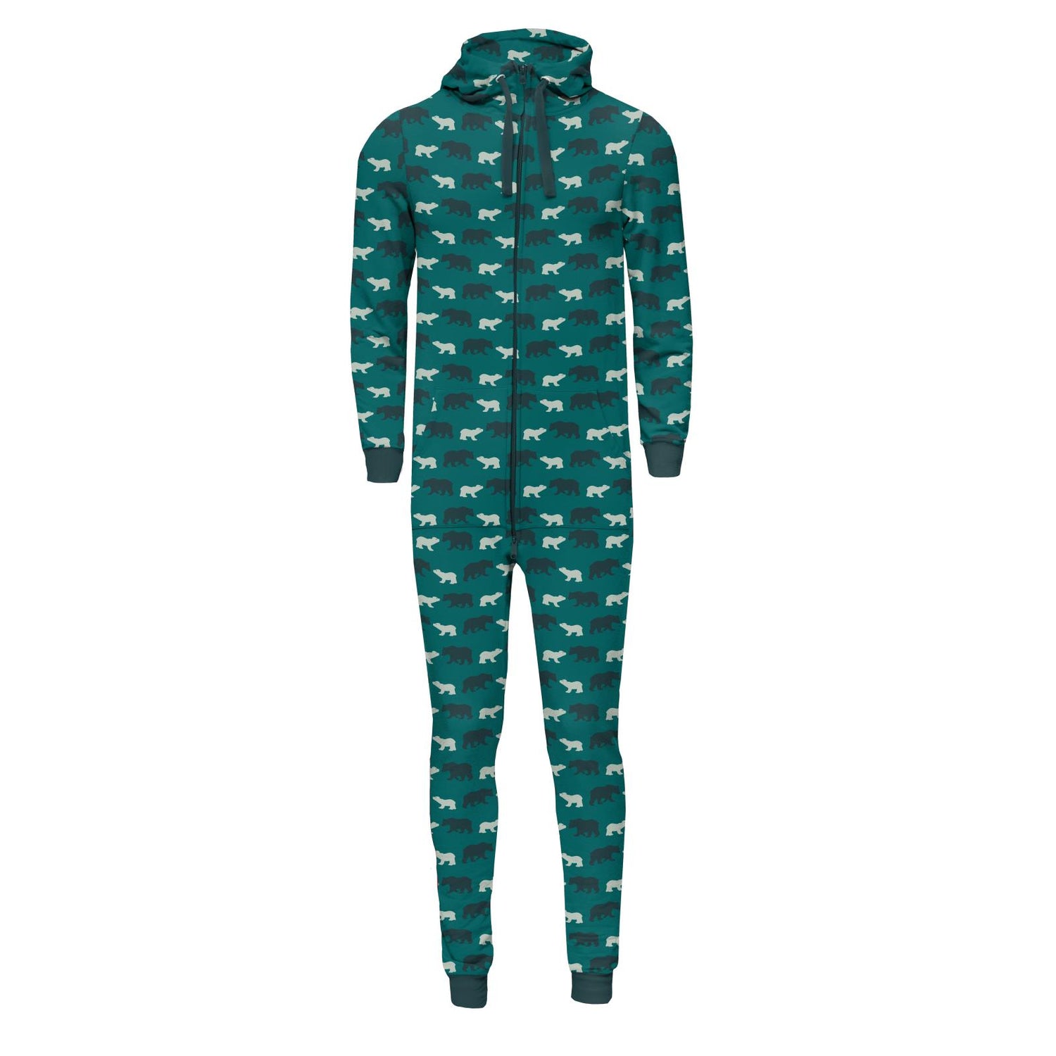 Print Adult Fleece Jumpsuit with Hood in Cedar Brown Bear
