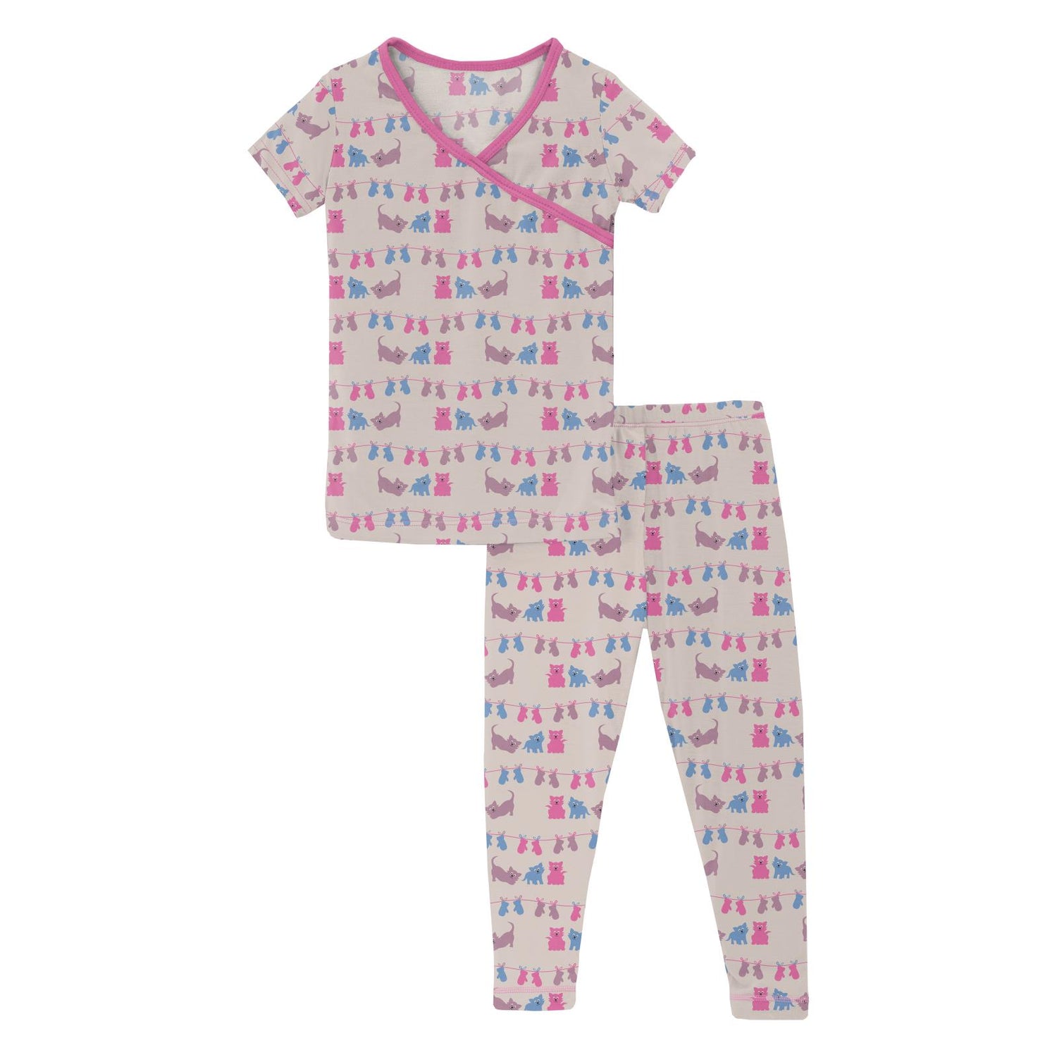 Print Short Sleeve Kimono Pajama Set in Latte 3 Little Kittens