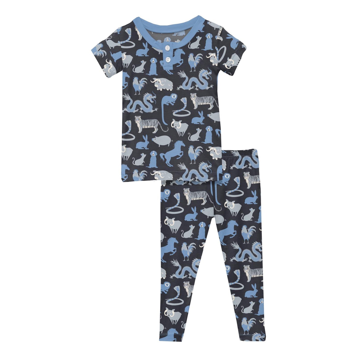 Print Short Sleeve Henley Pajama Set in Deep Space Chinese Zodiac