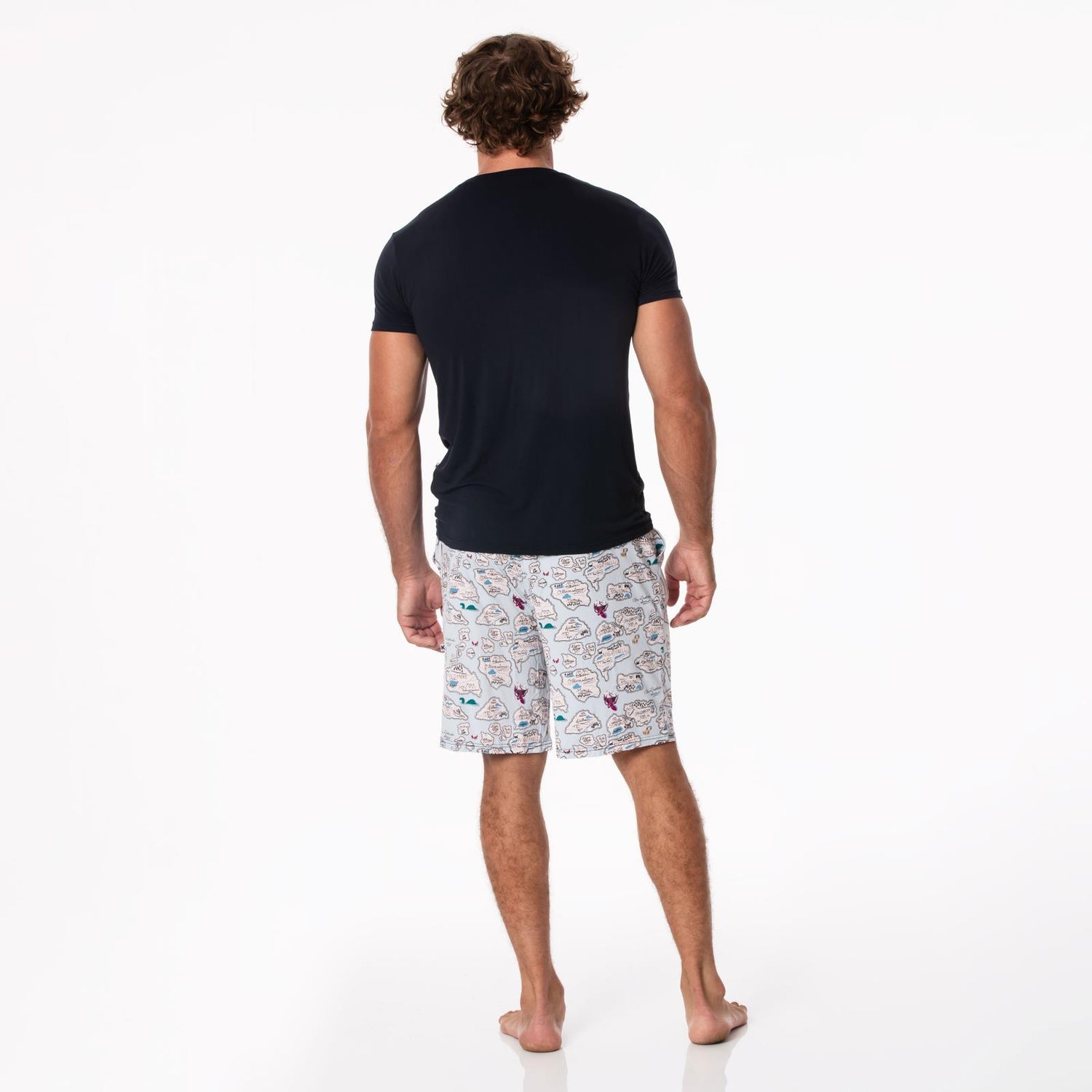 Men's Print Short Sleeve Pajama Set with Lounge Shorts in Dew Pirate Map