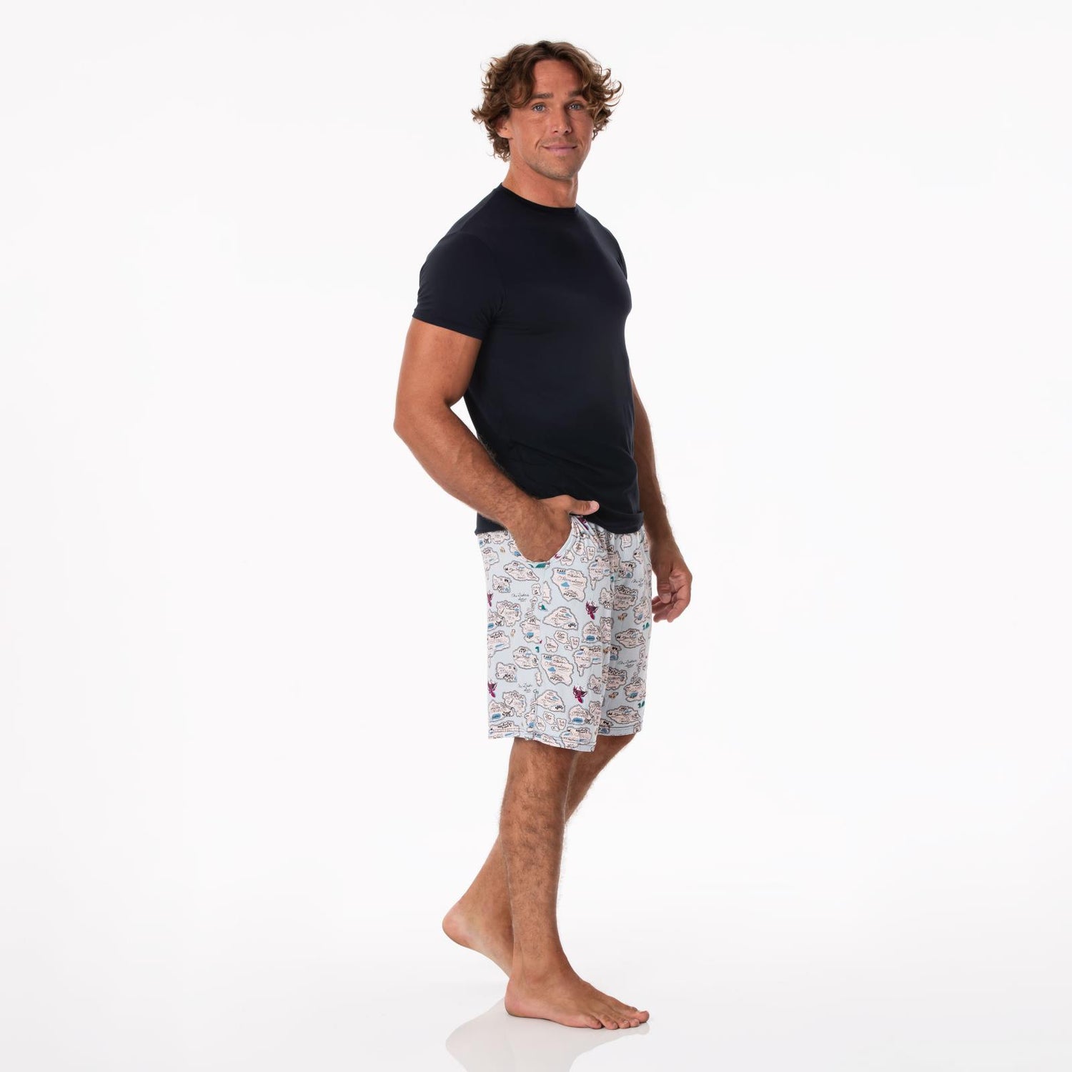Men's Print Short Sleeve Pajama Set with Lounge Shorts in Dew Pirate Map
