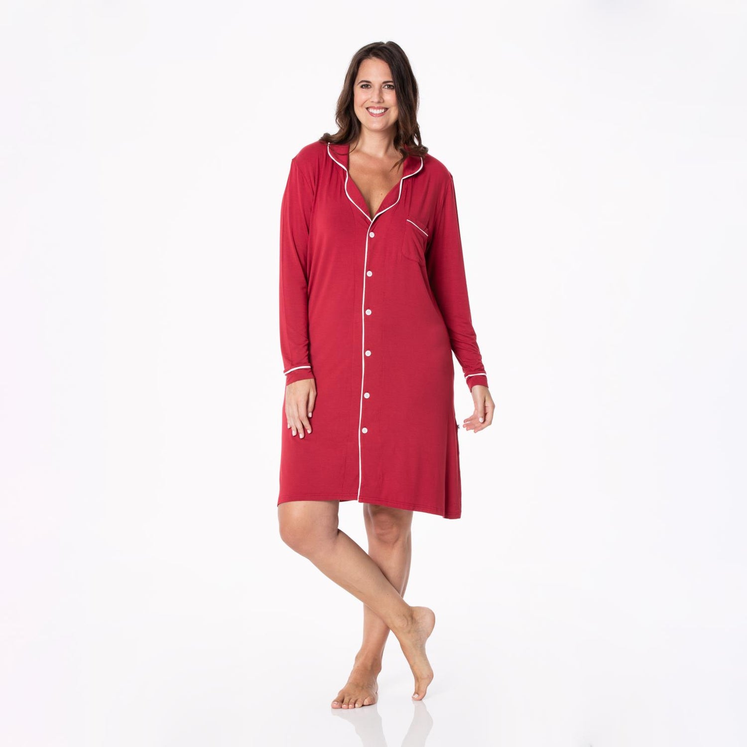 Women's Long Sleeve Button Down Night Shirt in Wild Strawberry