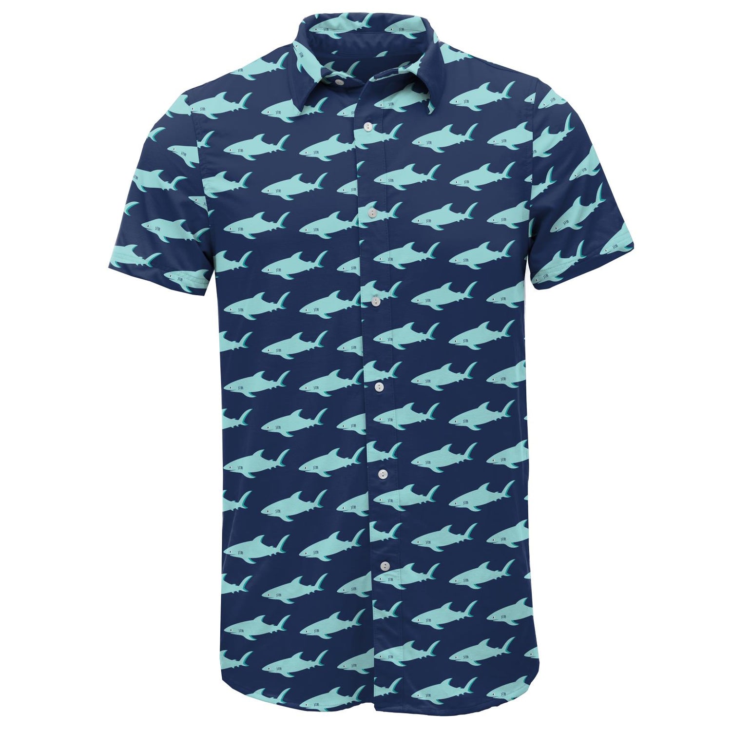Men's Print Short Sleeve Woven Button Down Shirt in Flag Blue Sharky