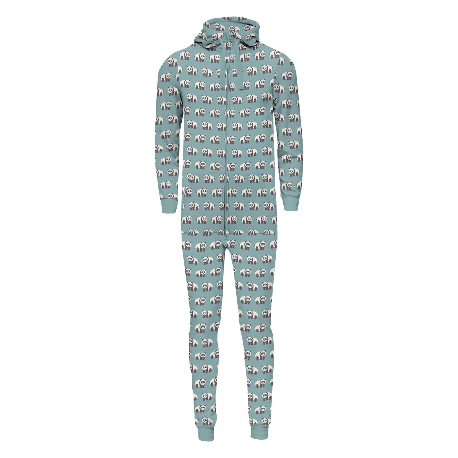 Print Adult Fleece Jumpsuit with Hood in Jade Panda