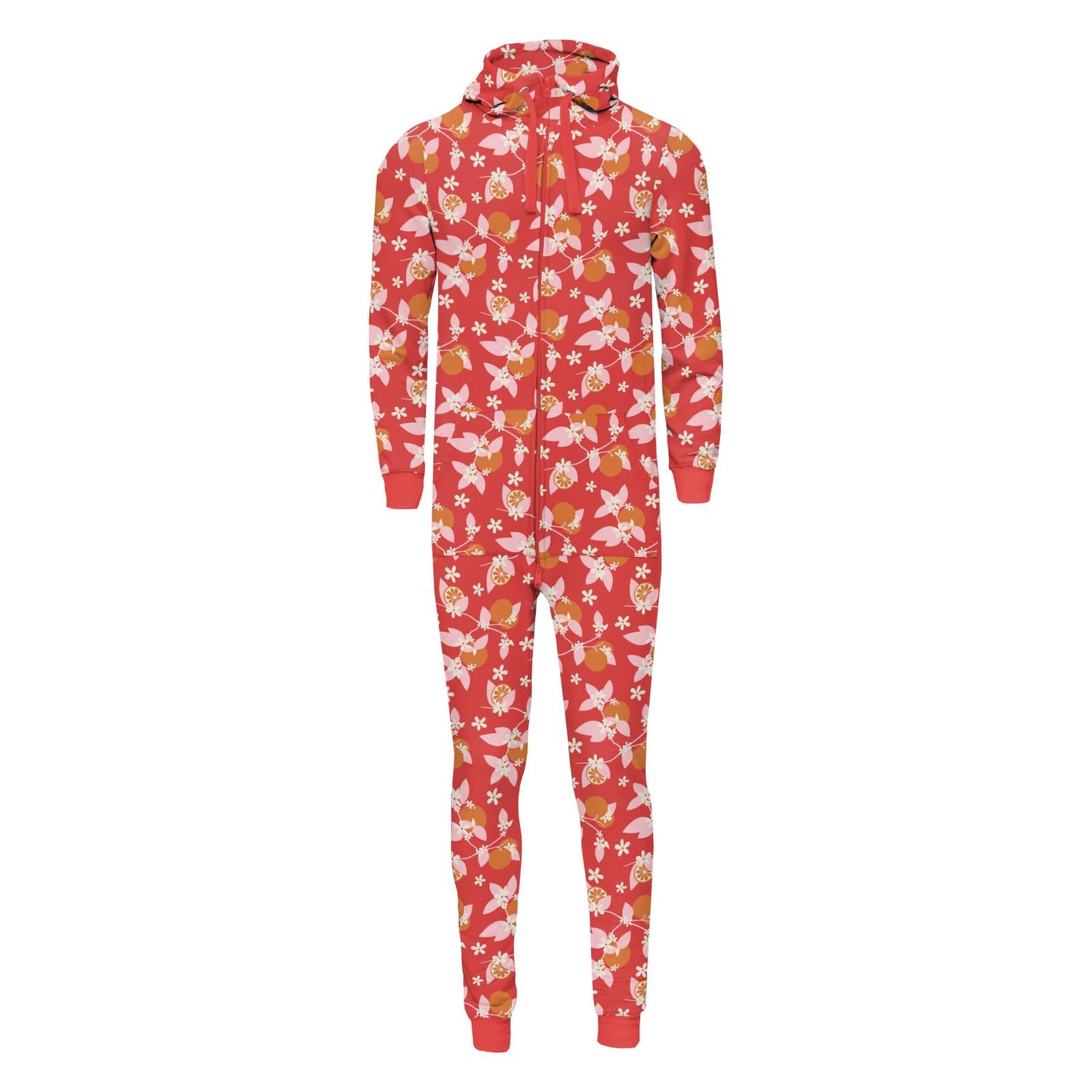 Print Adult Fleece Jumpsuit with Hood in Poppy Orange Blossom