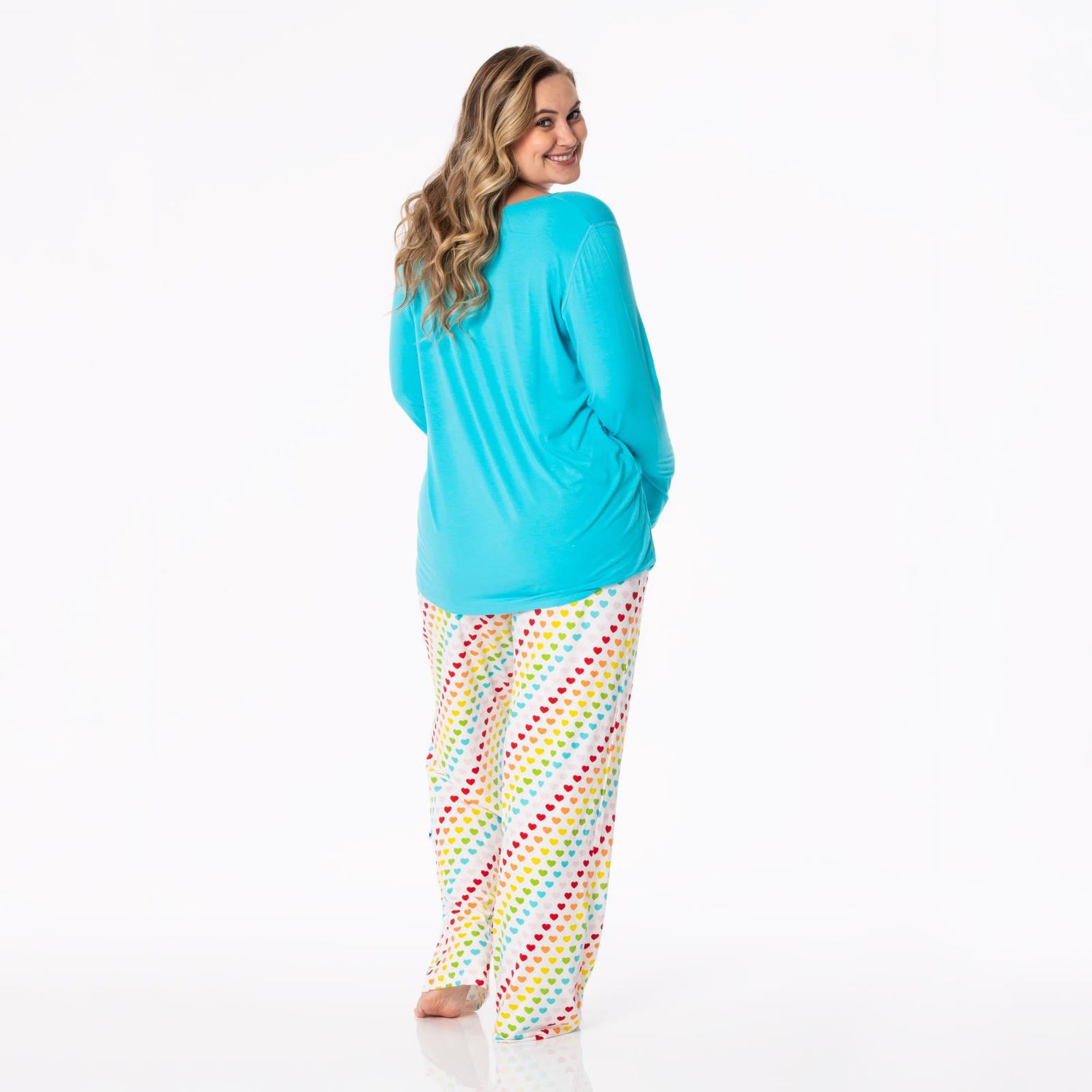 Women's Print Long Sleeve Loosey Goosey Tee & Pajama Pants Set in Rainbow Hearts