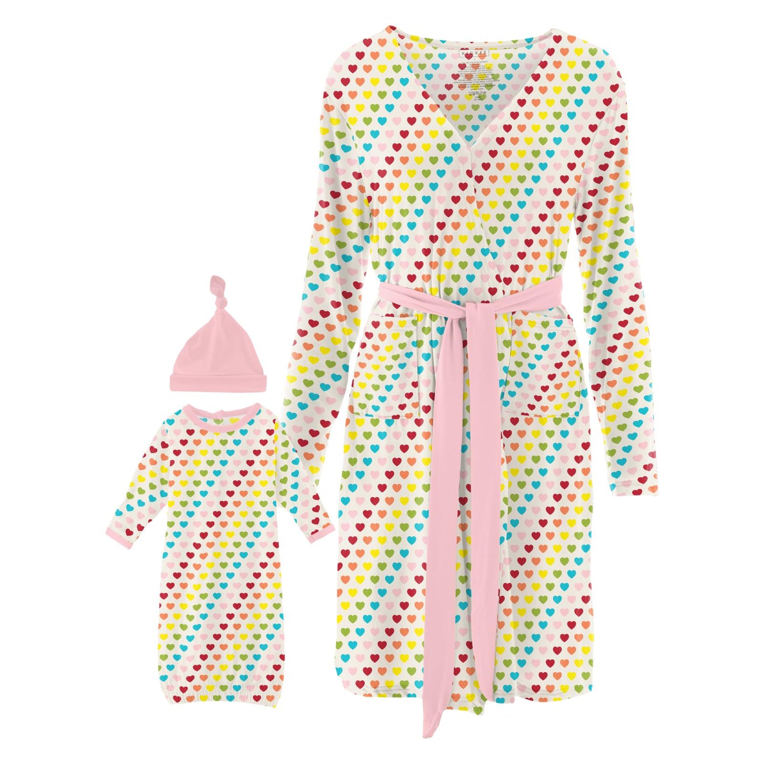 Women's Print Mid Length Lounge Robe & Layette Gown Set in Rainbow Hearts