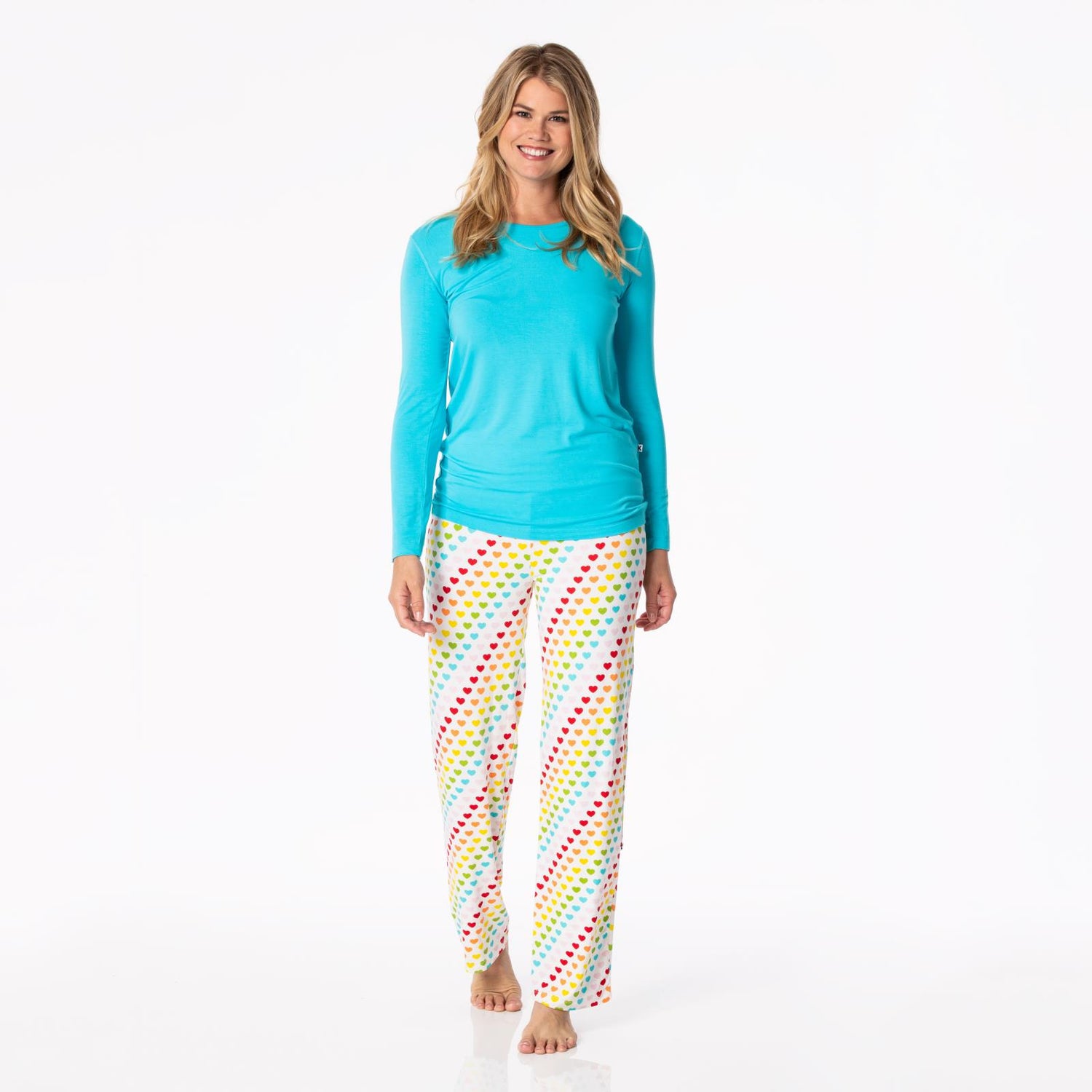 Women's Print Long Sleeve Loosey Goosey Tee & Pajama Pants Set in Rainbow Hearts