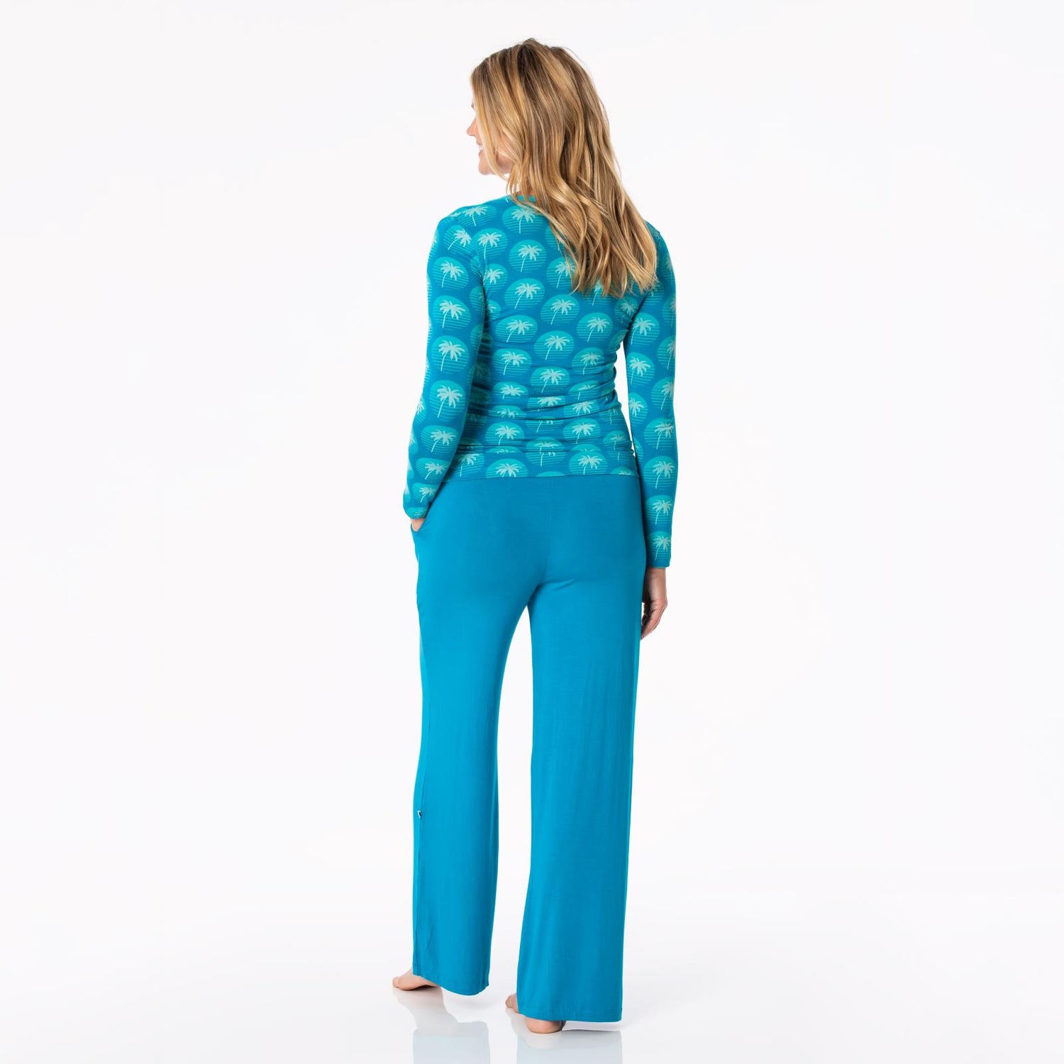 Women's Print Long Sleeve Scoop Neck Tee in Cerulean Blue Palm Tree Sun