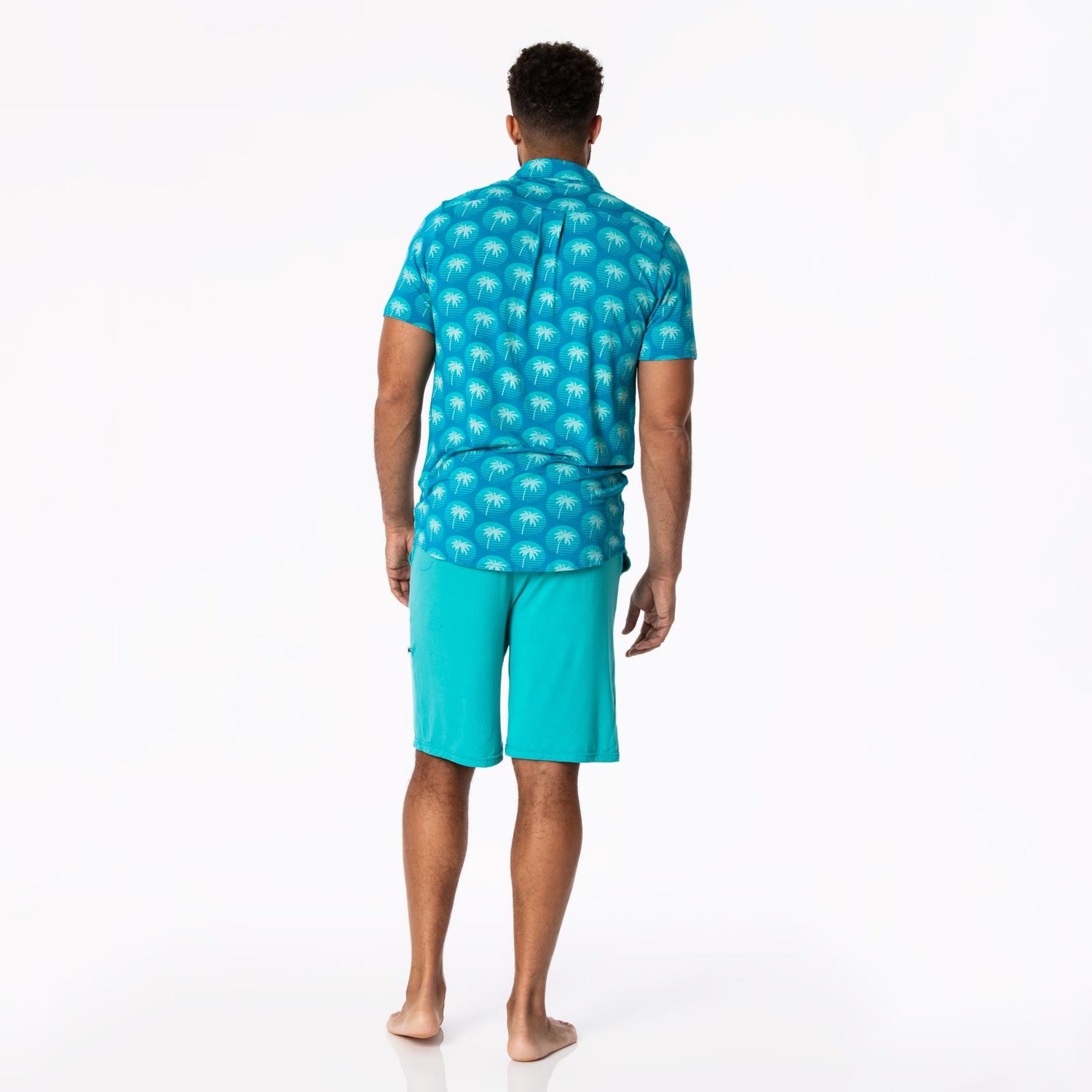 Men's Print Short Sleeve Button Down Shirt in Cerulean Blue Palm Tree Sun
