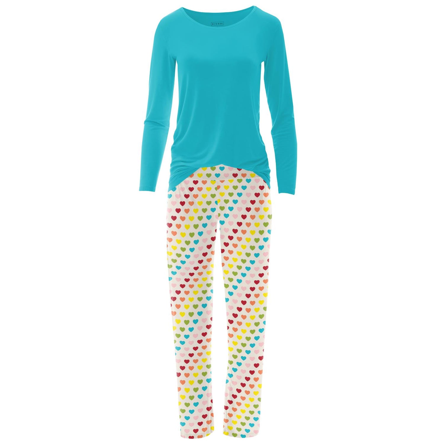 Women's Print Long Sleeve Loosey Goosey Tee & Pajama Pants Set in Rainbow Hearts