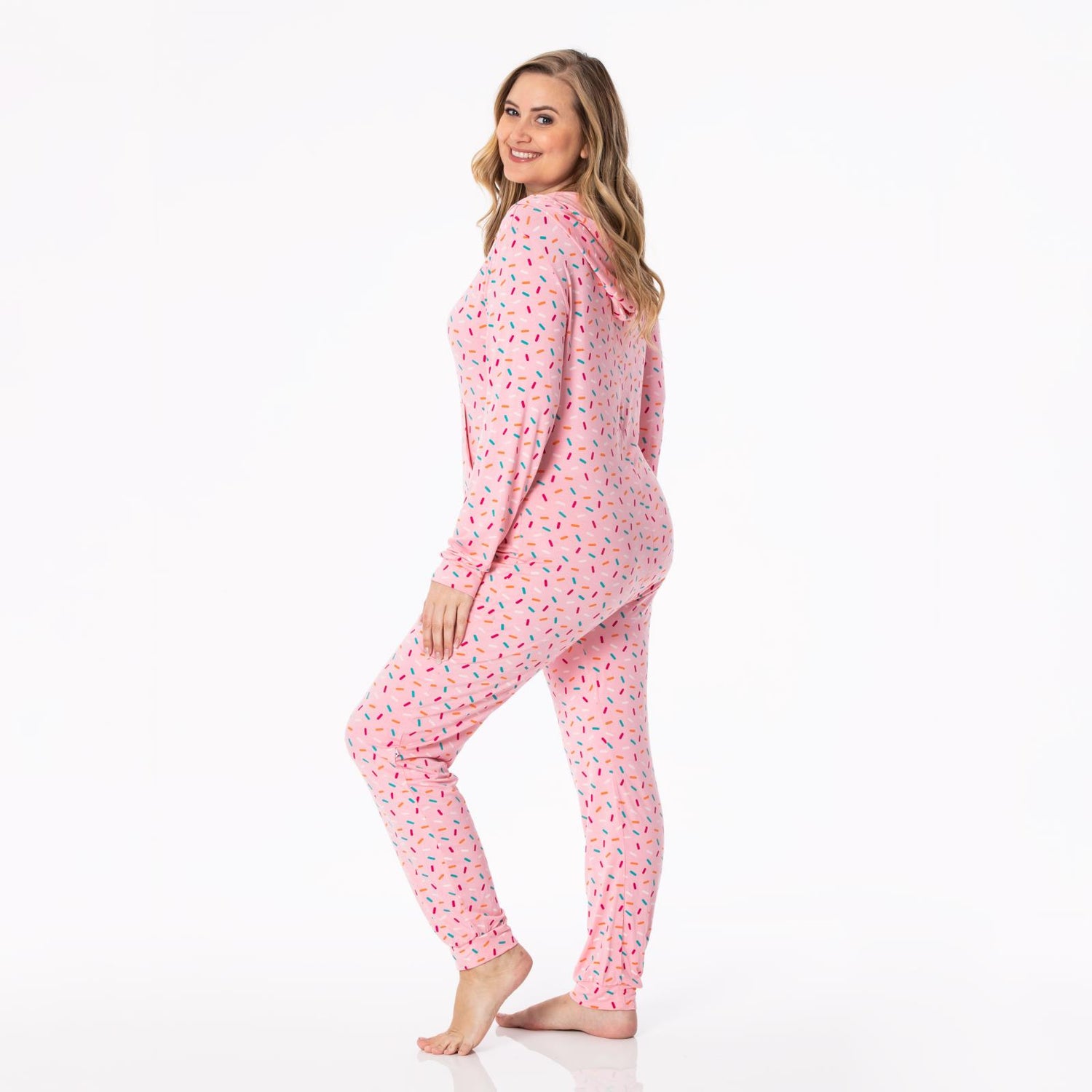 Women's Print Long Sleeve Jumpsuit with Hood in Lotus Sprinkles