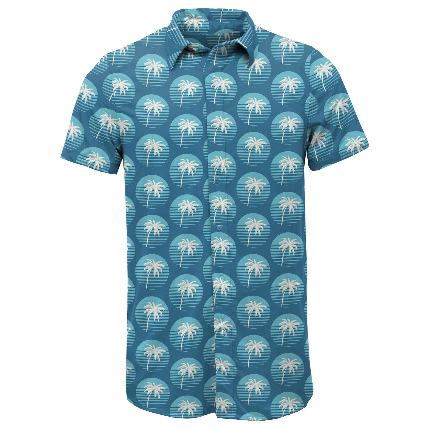 Men's Print Short Sleeve Button Down Shirt in Cerulean Blue Palm Tree Sun
