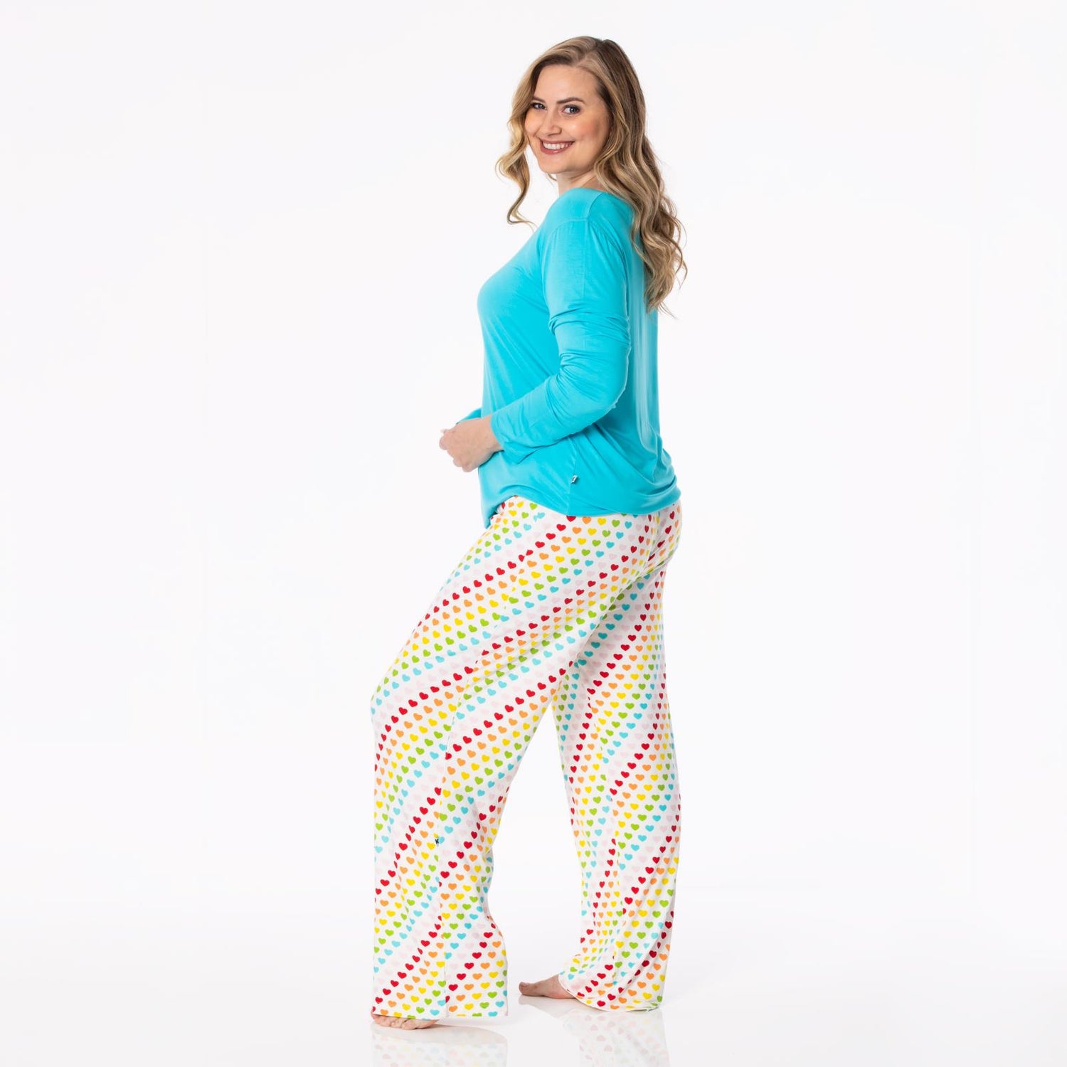 Women's Print Long Sleeve Loosey Goosey Tee & Pajama Pants Set in Rainbow Hearts