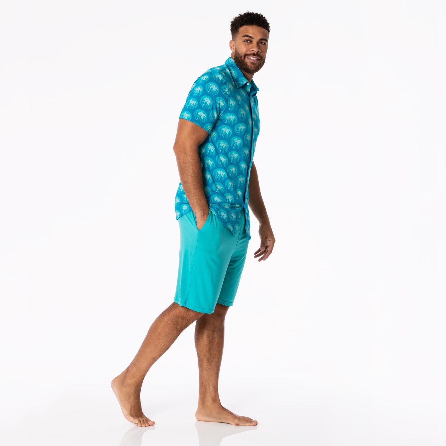 Men's Print Short Sleeve Button Down Shirt in Cerulean Blue Palm Tree Sun