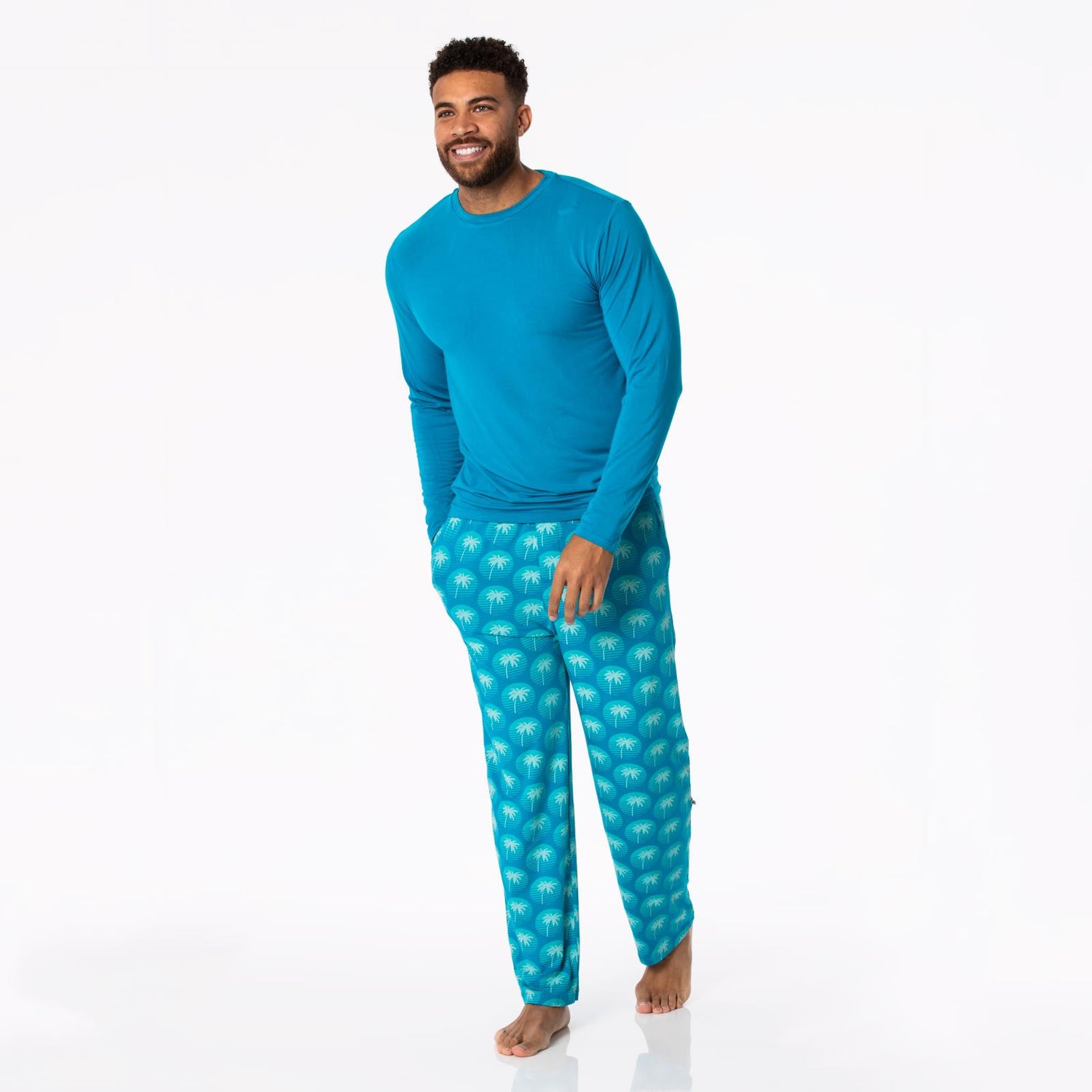 Men's Print Pajama Pants in Cerulean Blue Palm Tree Sun
