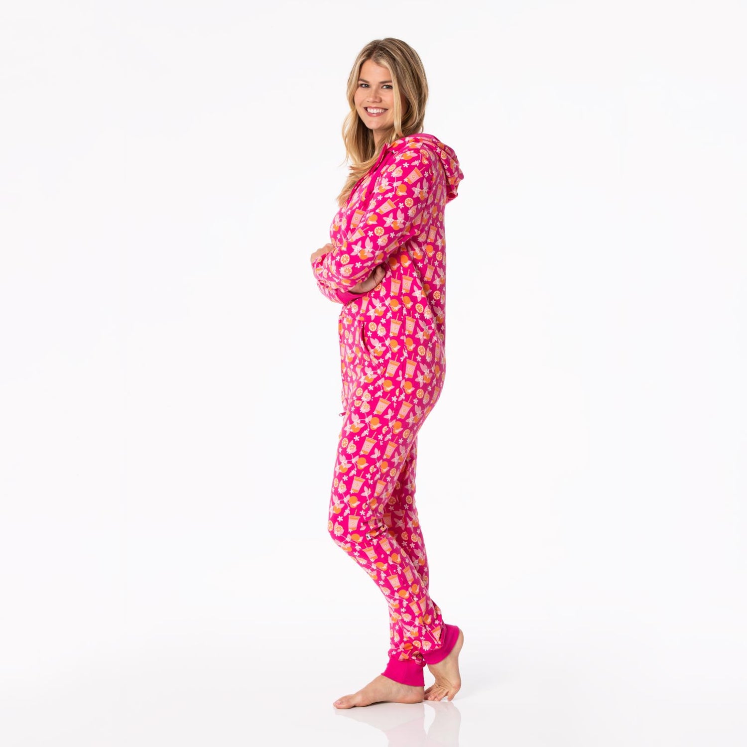 Print Adult Fleece Jumpsuit with Hood in Calypso Orange Cream