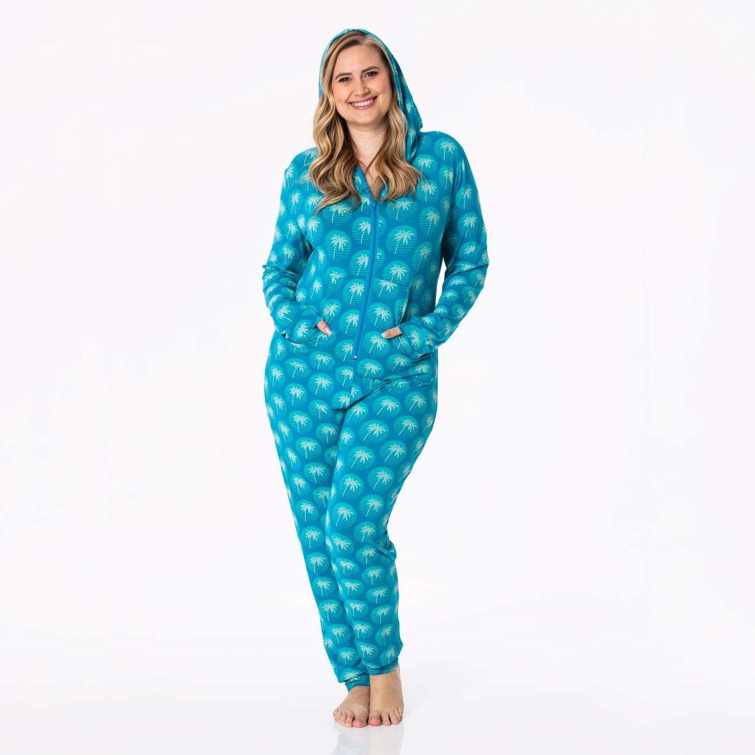 Women's Print Long Sleeve Jumpsuit with Hood in Cerulean Blue Palm Tree Sun