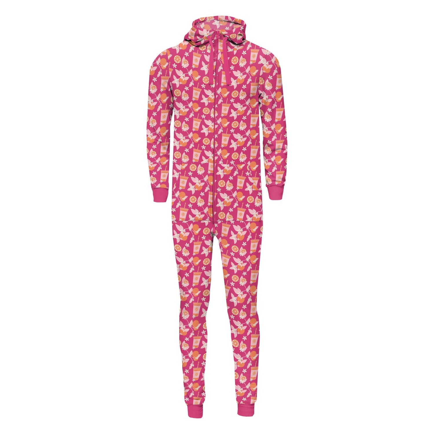 Print Adult Fleece Jumpsuit with Hood in Calypso Orange Cream