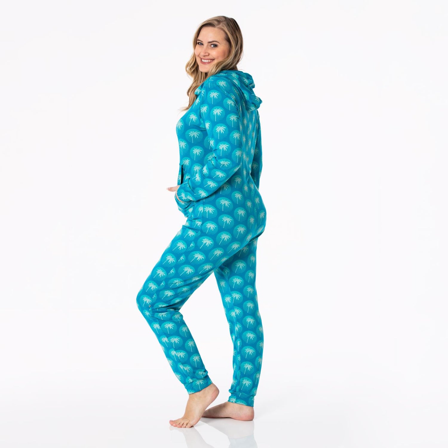Women's Print Long Sleeve Jumpsuit with Hood in Cerulean Blue Palm Tree Sun