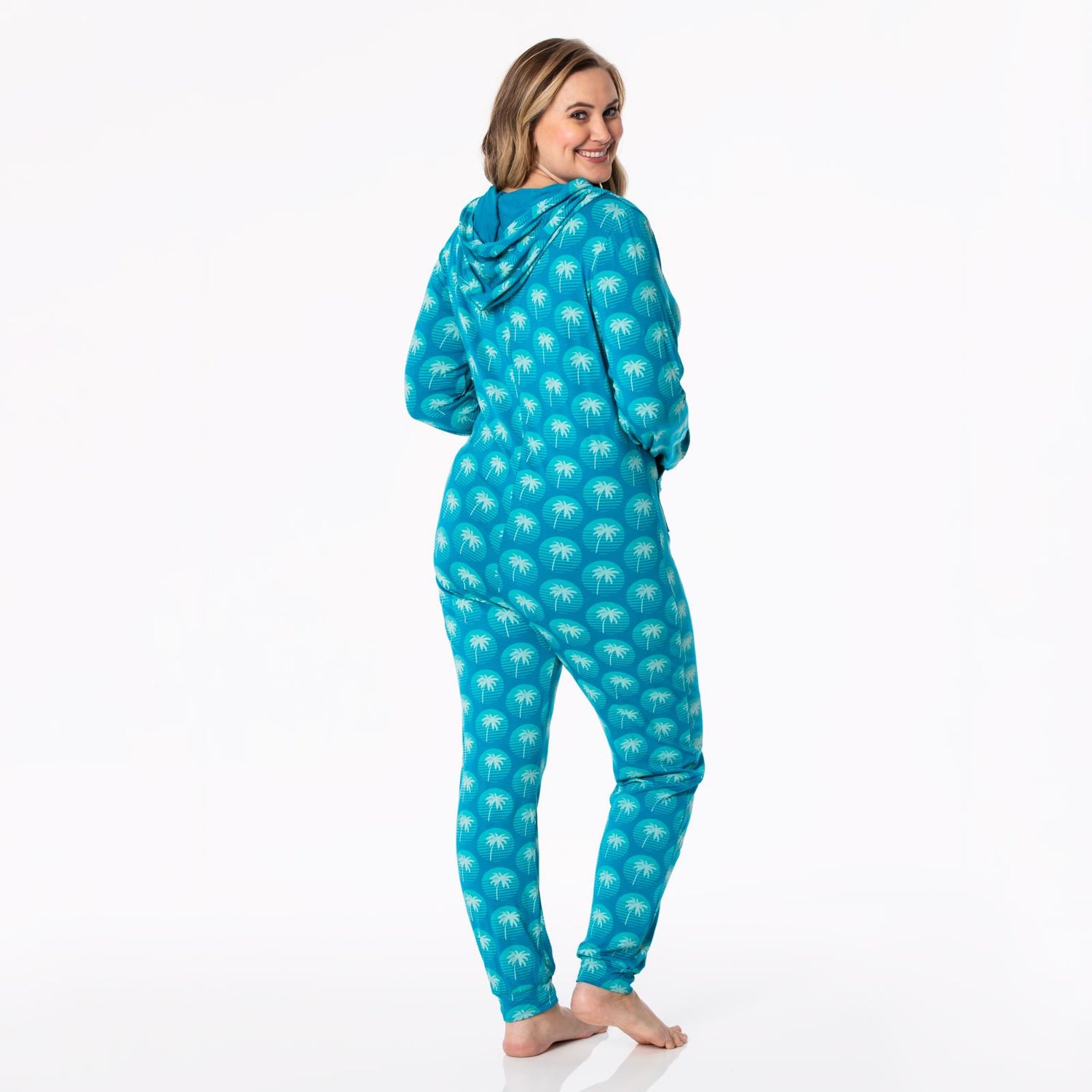 Women's Print Long Sleeve Jumpsuit with Hood in Cerulean Blue Palm Tree Sun