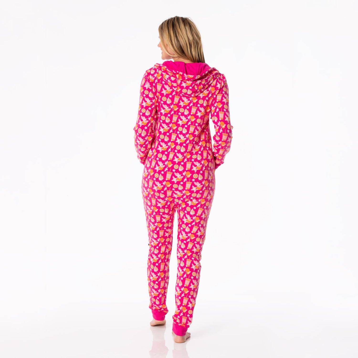 Print Adult Fleece Jumpsuit with Hood in Calypso Orange Cream