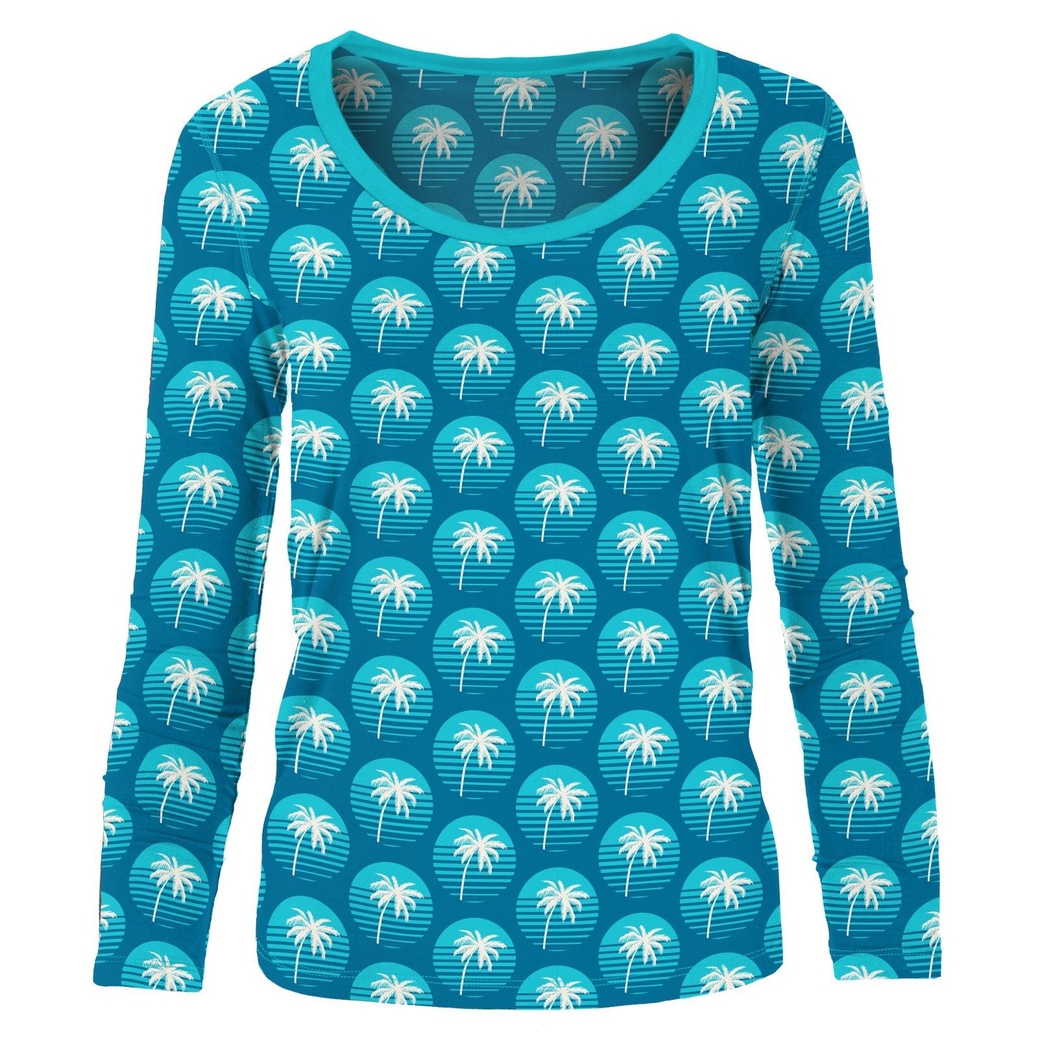 Women's Print Long Sleeve Scoop Neck Tee in Cerulean Blue Palm Tree Sun