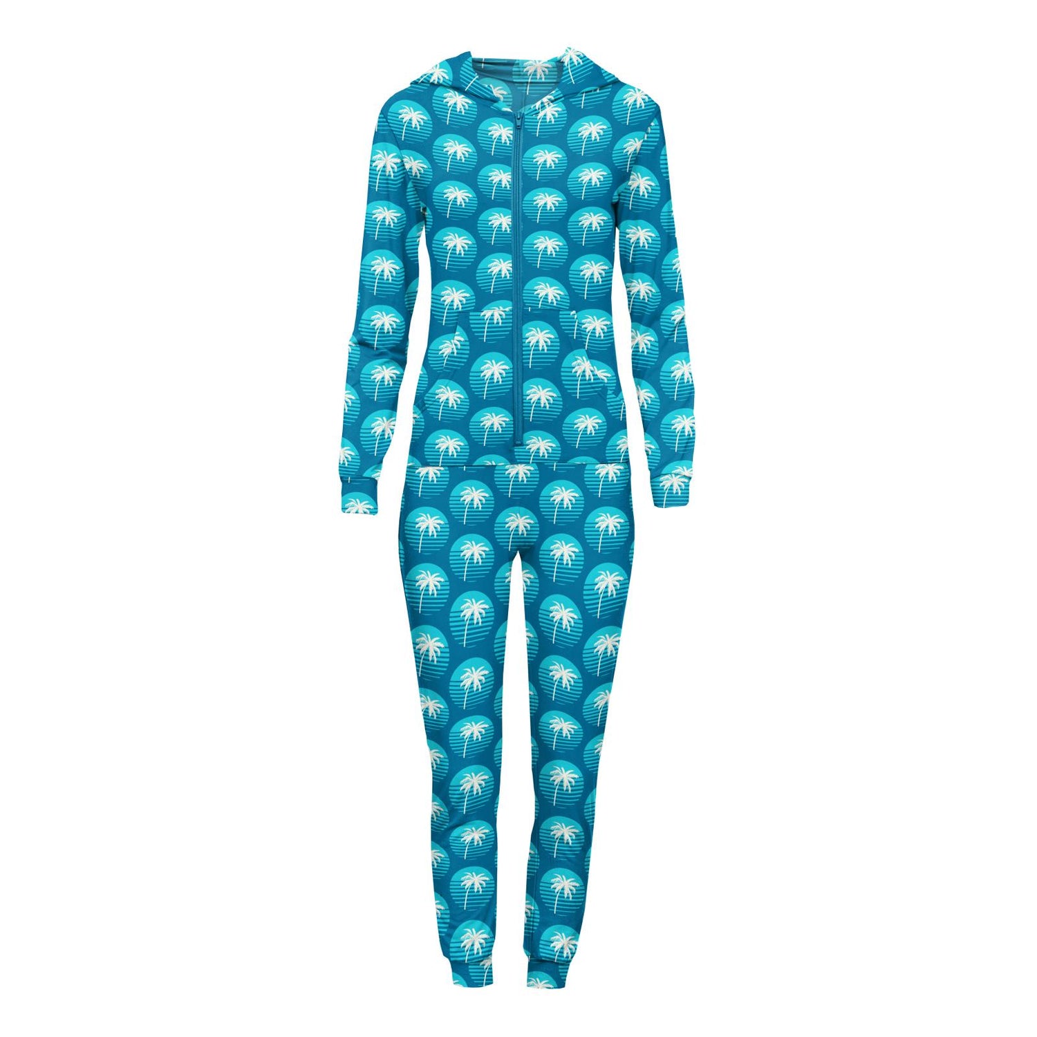 Women's Print Long Sleeve Jumpsuit with Hood in Cerulean Blue Palm Tree Sun
