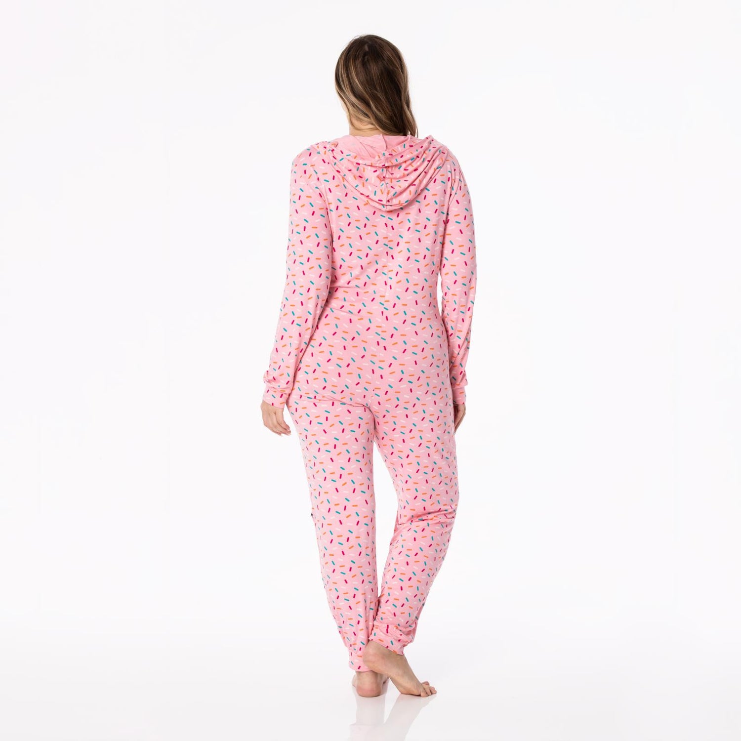 Women's Print Long Sleeve Jumpsuit with Hood in Lotus Sprinkles