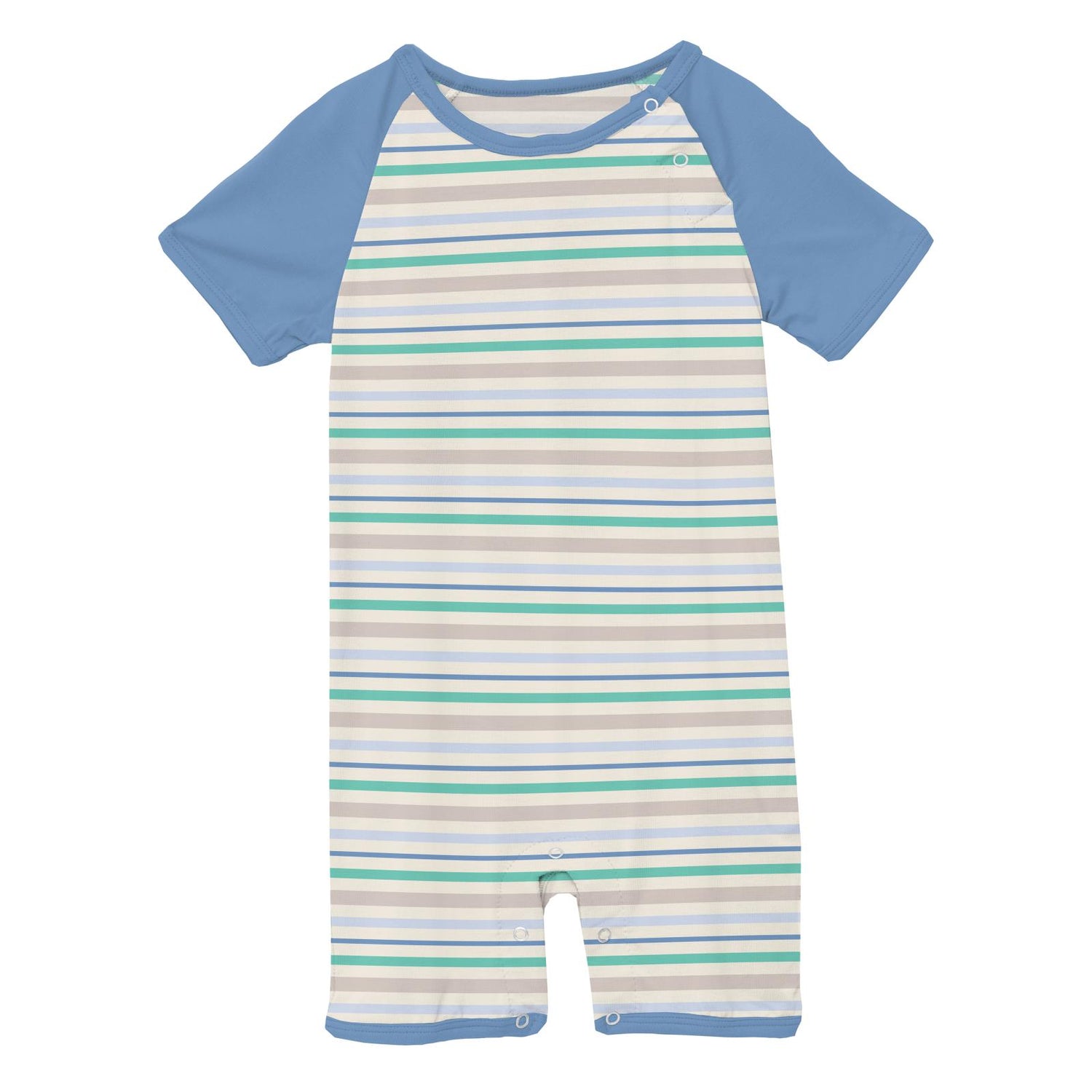 Print Short Sleeve Raglan Romper in Mythical Stripe