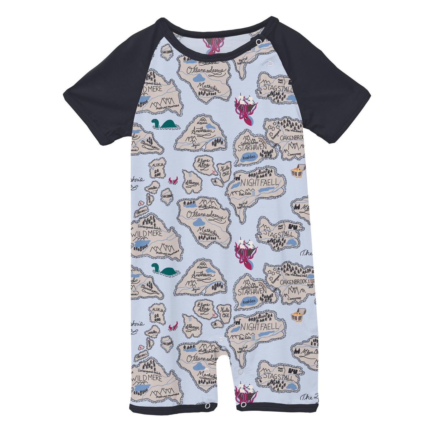 Print Short Sleeve Raglan Romper in Dew Pirate Map