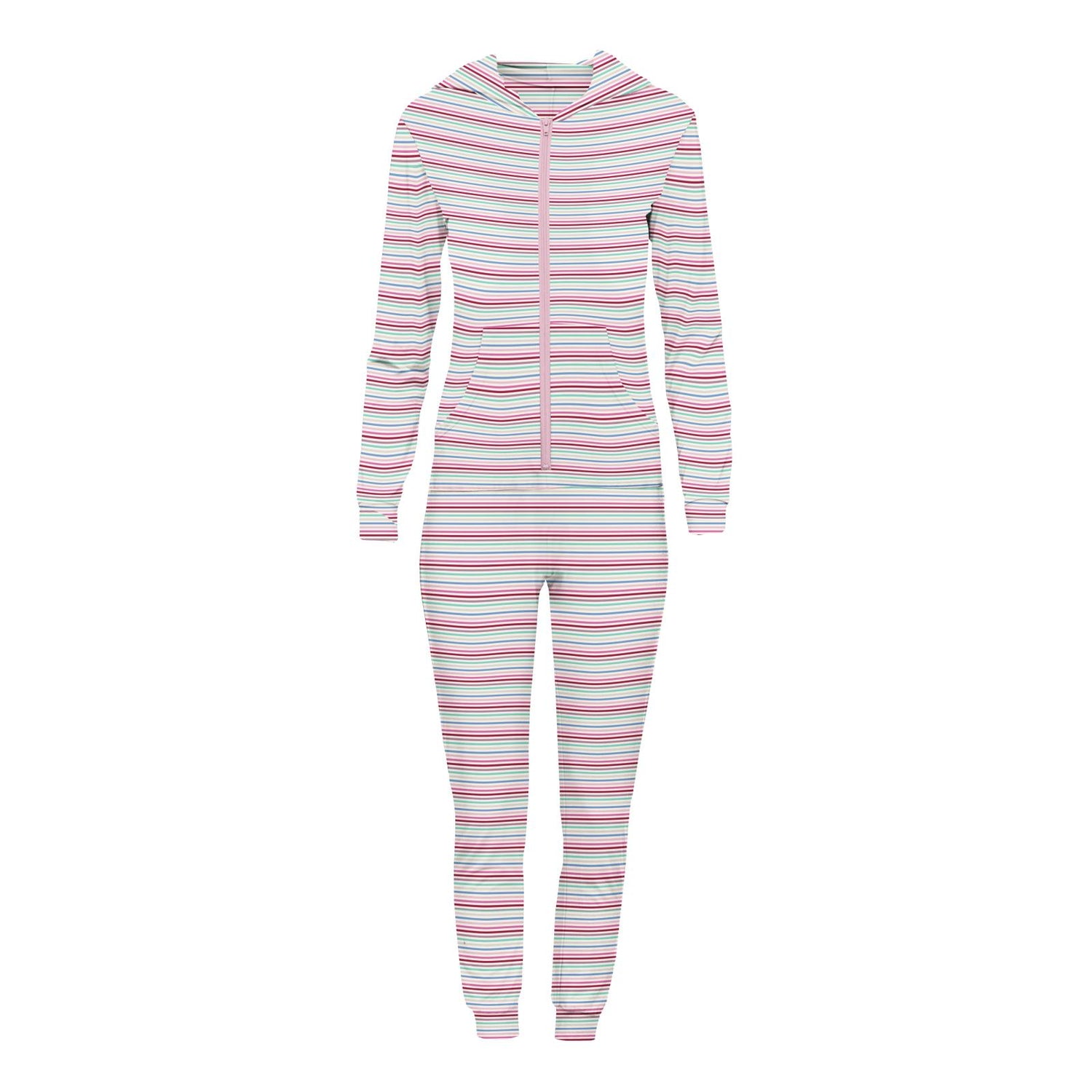 Women's Print Long Sleeve Jumpsuit with Hood in Make Believe Stripe