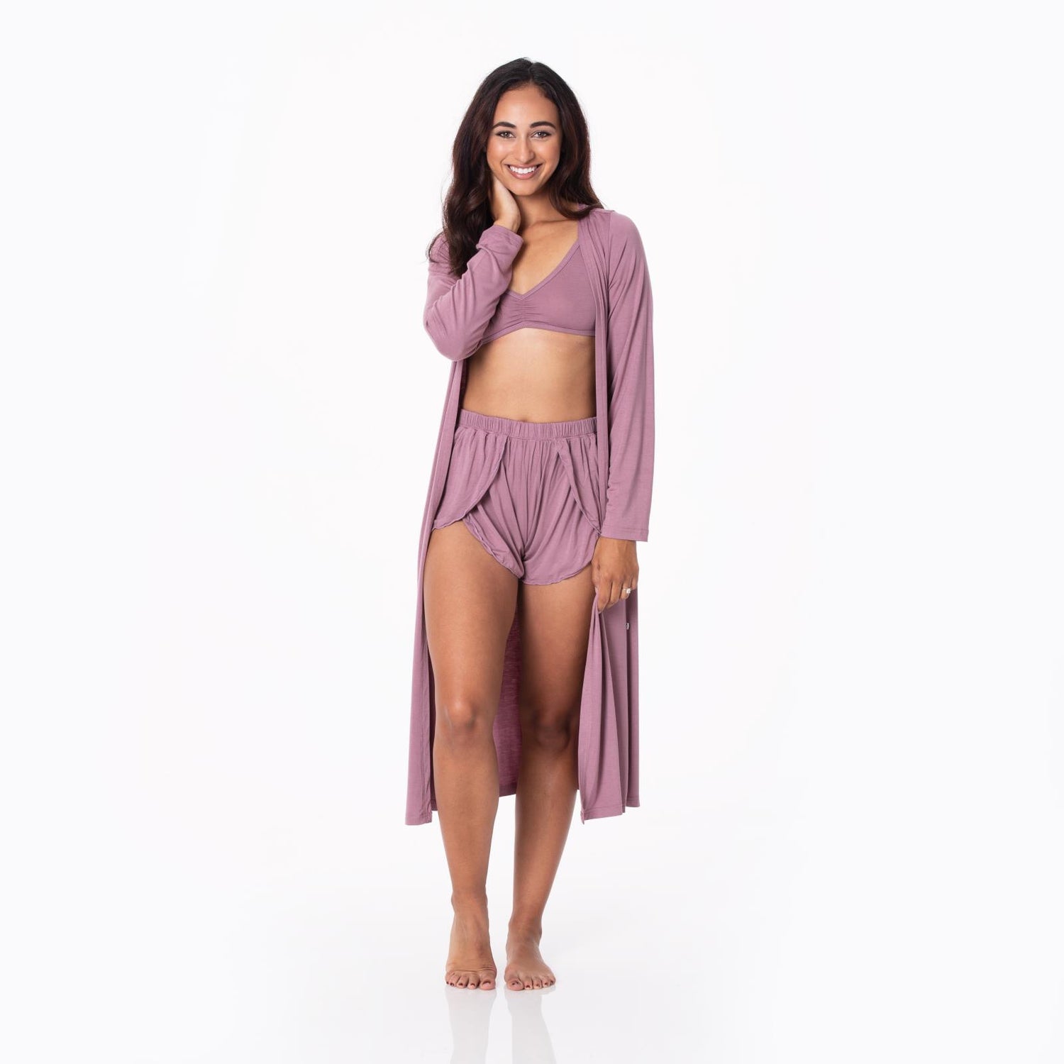Women's Sleeping Bra, Tulip Shorts and Duster Robe Set in Elderberry